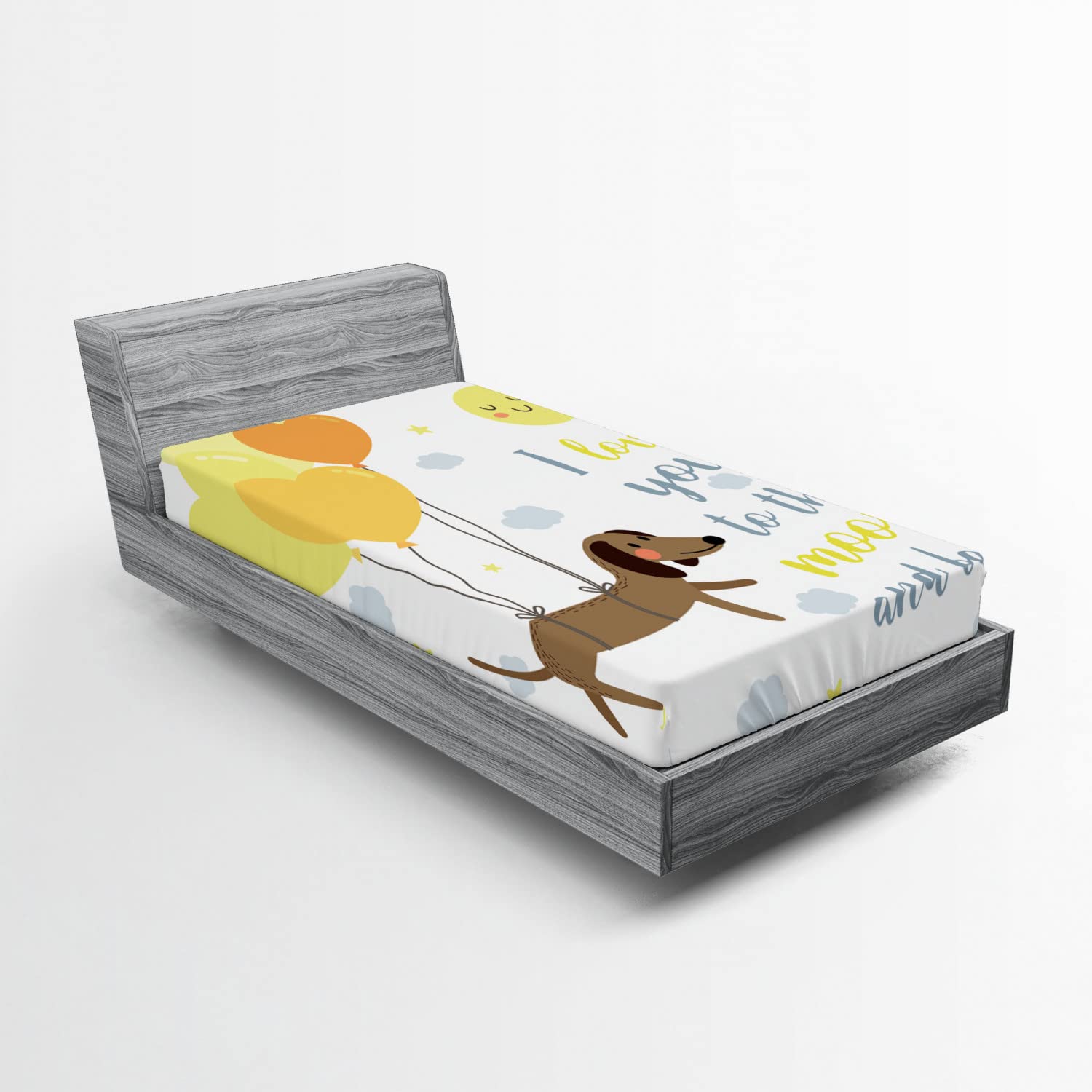 Ambesonne Dog Balloons Fitted Sheet, Twin Size - Blue Grey Yellow Cocoa for Cozy Bed Comfort