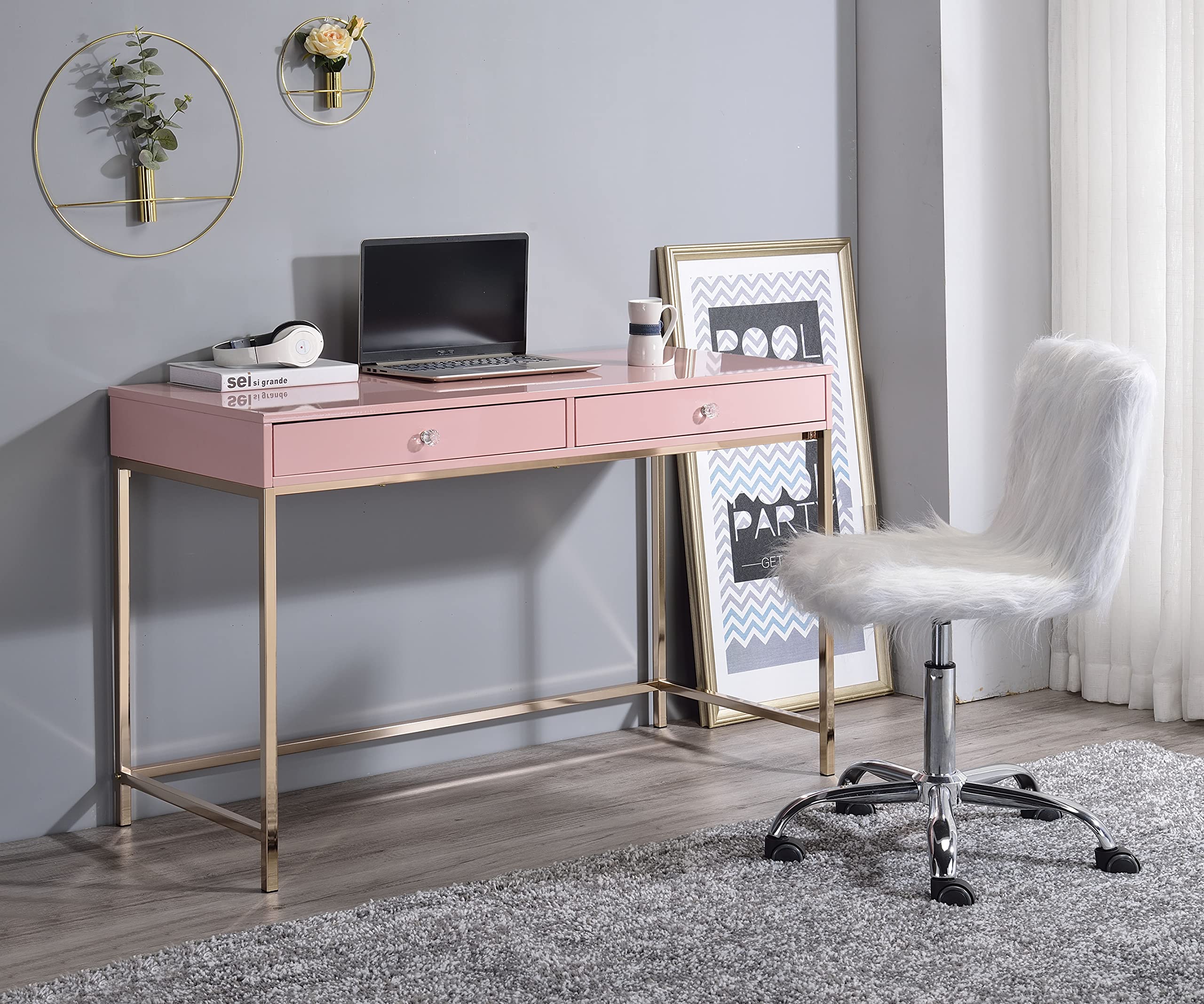 Modern Pink Writing Desk with 2 Drawers - Contemporary Home Office Computer Desk with Sturdy Metal Legs, Multifunctional Study Desk & Makeup Vanity Table for Small Spaces, Bedroom & Dorm Room