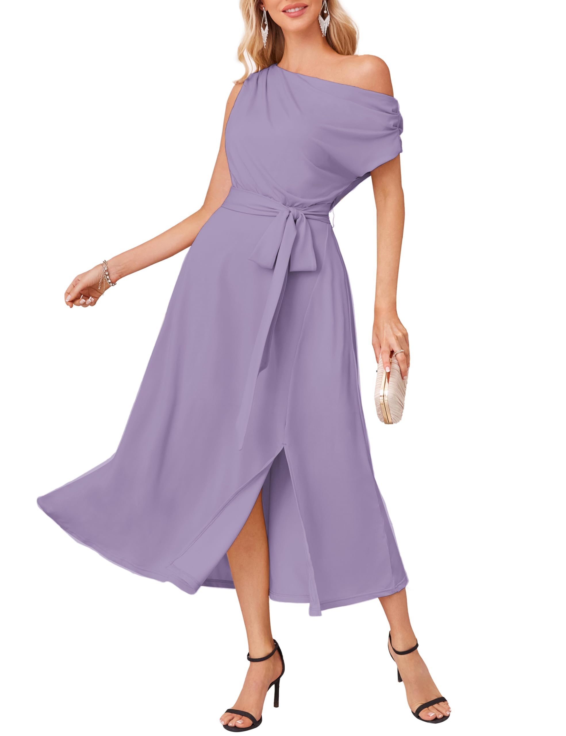GRACE KARIN Women's Elegant One Shoulder Sleeveless Cocktail Dress | A-Line Midi Party Dress with Tie Waist | Perfect for Wedding Guest, Evening Gala & Special Occasions