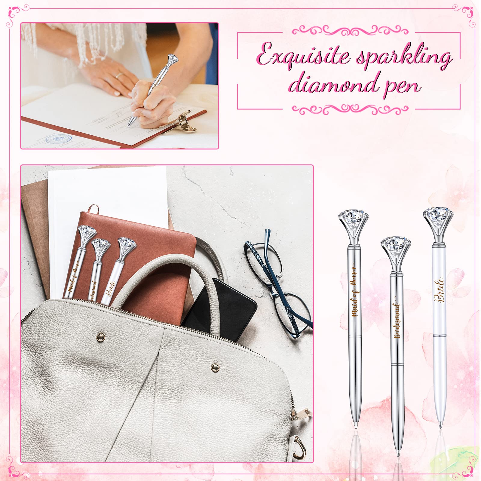 10 Pcs Elegant Diamond Ballpoint Pens for Bridal Shower & Wedding Party Favors - Silver & White Crystal Metal Pens with 10 Sheer Organza Bags - Perfect for Bridesmaid Gifts, Wedding Guest Favors & Special Occasions