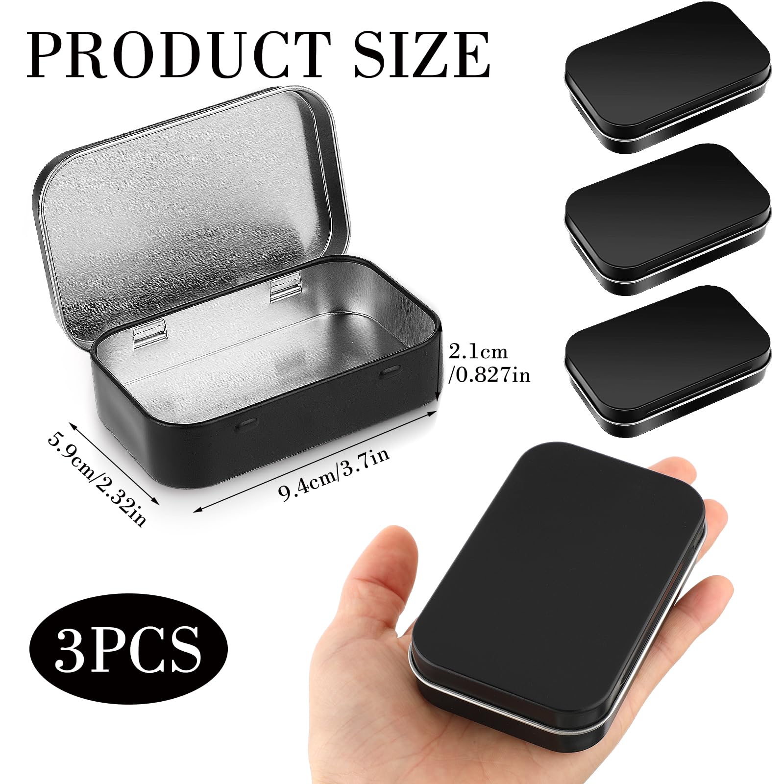 3-Piece Small Rectangular Metal Tin Boxes with Lids - Hinged Storage Containers for Candy, Jewelry, Keys & Earrings | Perfect for Home Organization, Gift Packaging & Craft Supplies (Black)