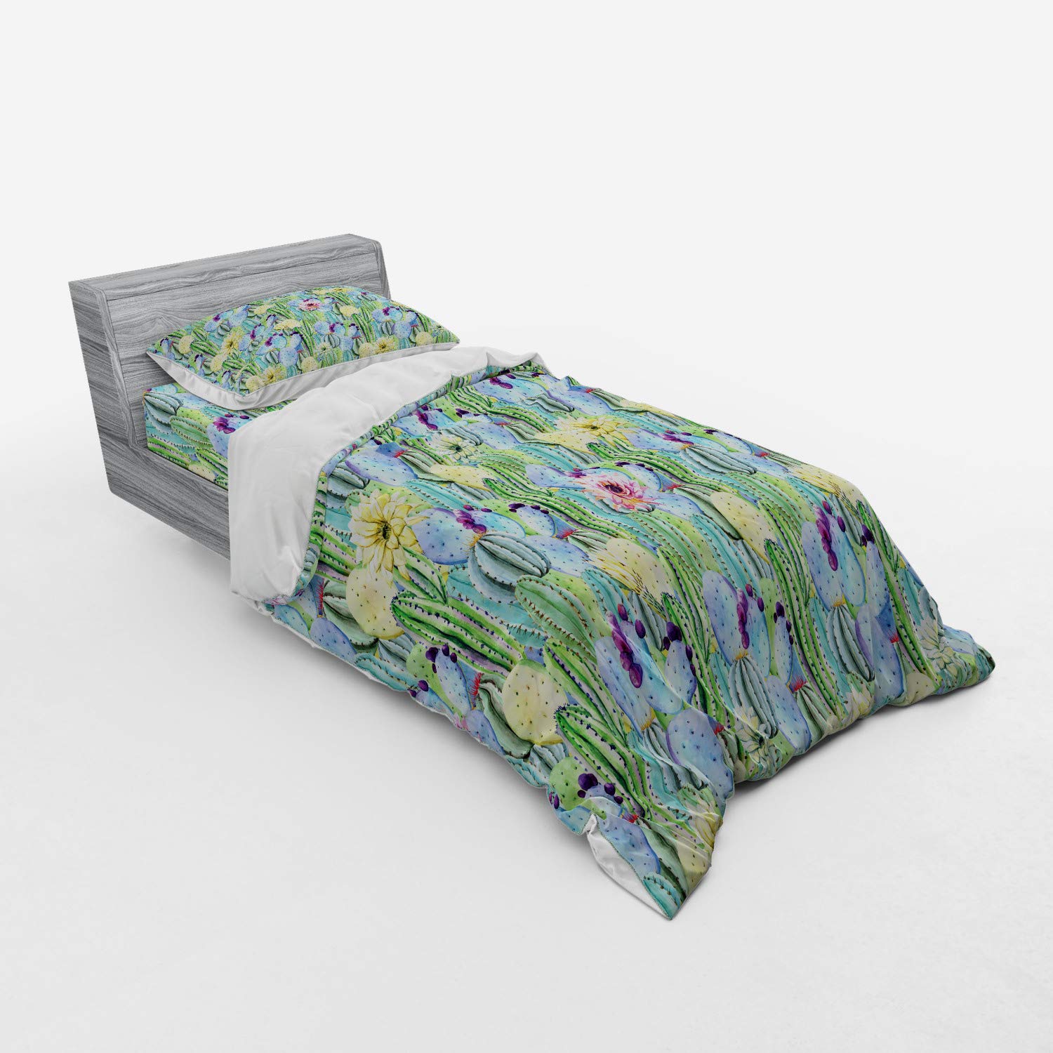 Ambesonne Cactus Duvet Cover Set - 3 Piece Twin Size with Sham & Fitted Sheet, Green Blue Cactus Plant Pattern with Flowers Buds Fruits Nature Artwork - Perfect for Kids Room, Boho Bedroom Decor or Desert Themed Nursery