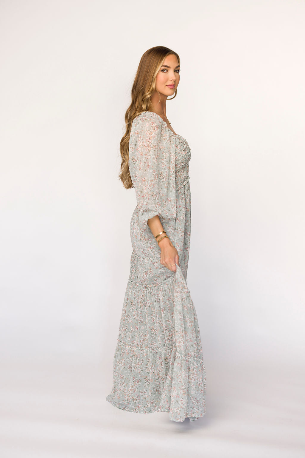 Elegant Daphne Long Sleeve Maxi Dress - Sage/Pink/Ivory Floral Print | Bump Friendly Maternity Wear & Inclusive Sizing (XS-3XL) | Perfect for Pregnancy, Special Occasions & Everyday Comfort