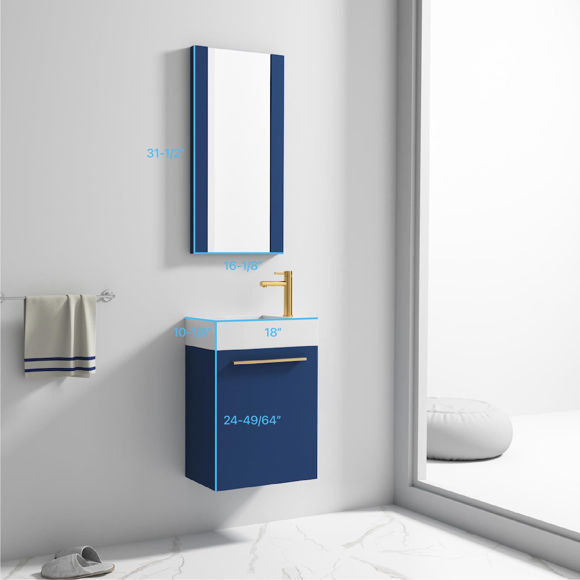 18 Inch Navy Blue Small Bathroom Vanity with Sink & Mirror - Narrow Space-Saving Vanity for Compact Bathrooms | Perfect for Apartments, Powder Rooms & Small Homes