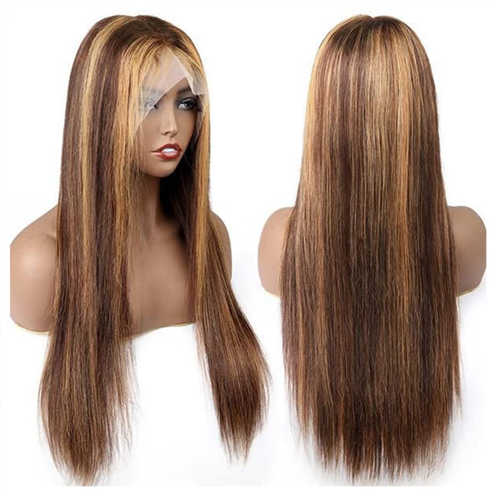 26 Inch HD Lace Front Wigs - Brazilian Virgin Human Hair Pre Plucked Straight Ombre Brown to Honey Blonde - 150% Density Glueless Wig for Daily Wear, Cosplay & Special Occasions