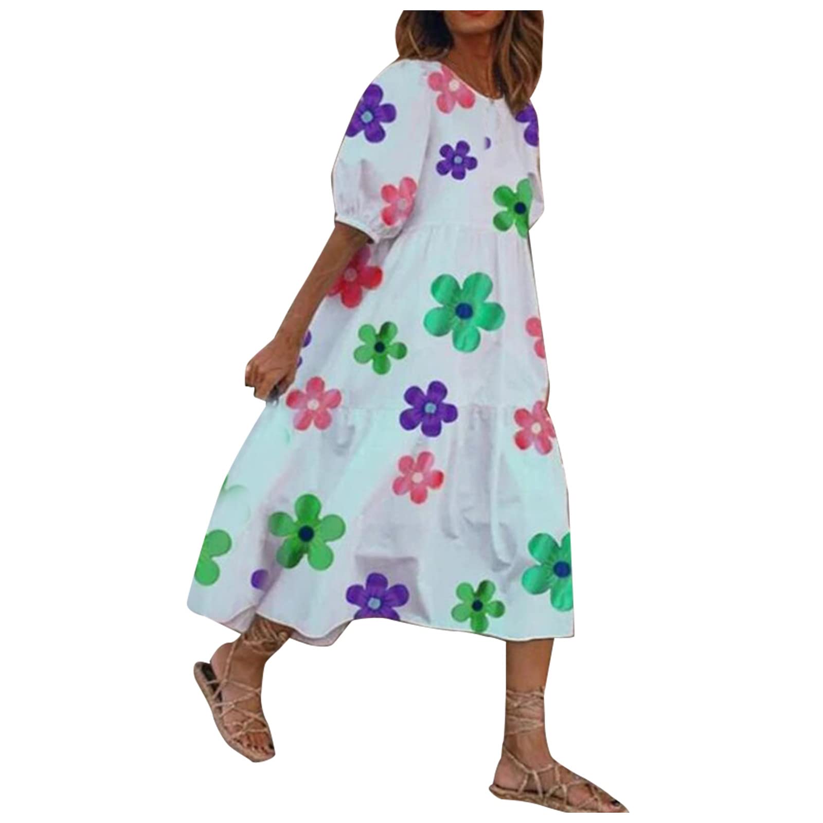 Plus Size Floral Maxi Dress with Layered Puff Sleeves - Loose Casual Swing Long Dress for Women - Beach Vacation, Summer Outfit, Boho Chic Party Wear