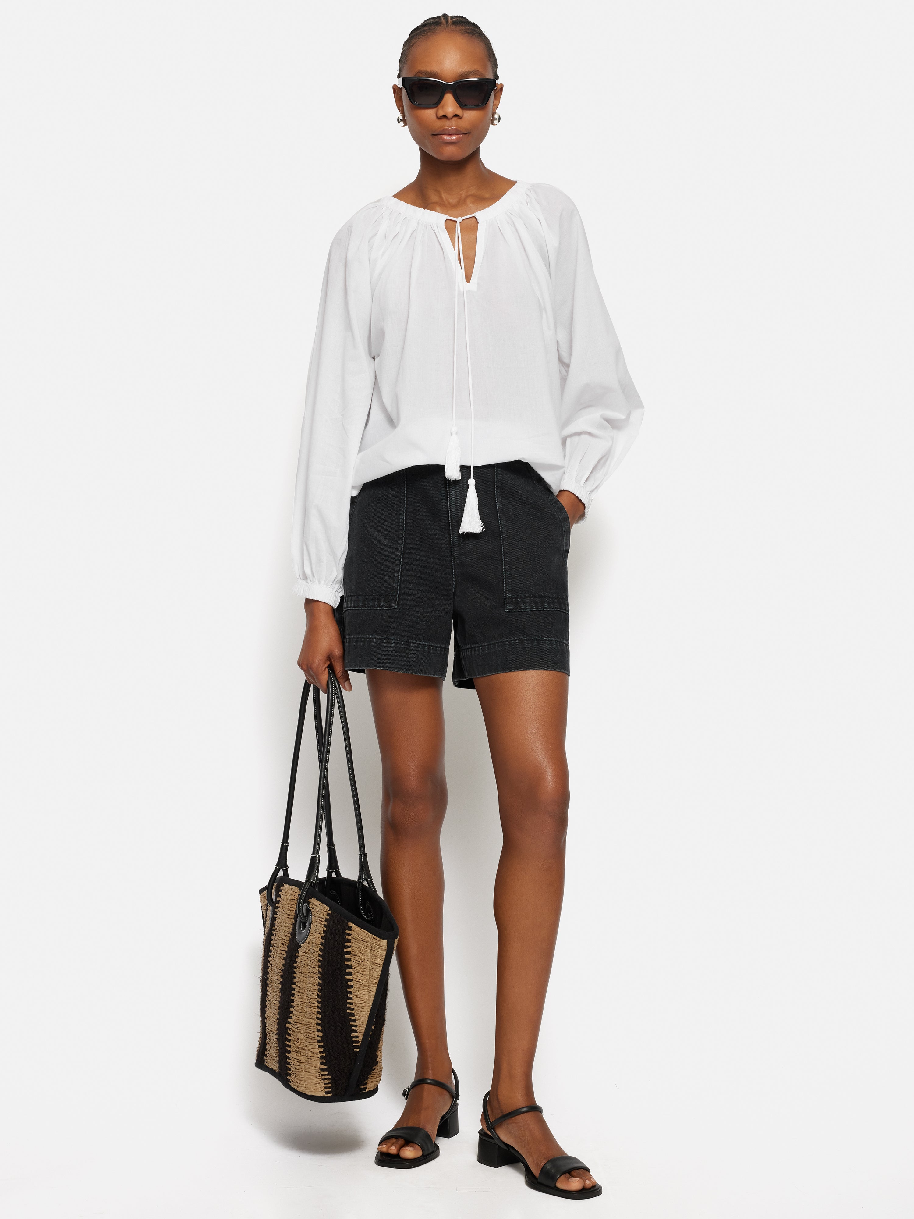 Stylish Washed Black Denim Shorts with Patch Pockets - Perfect for Casual Outings, Summer Wear & Street Style Fashion