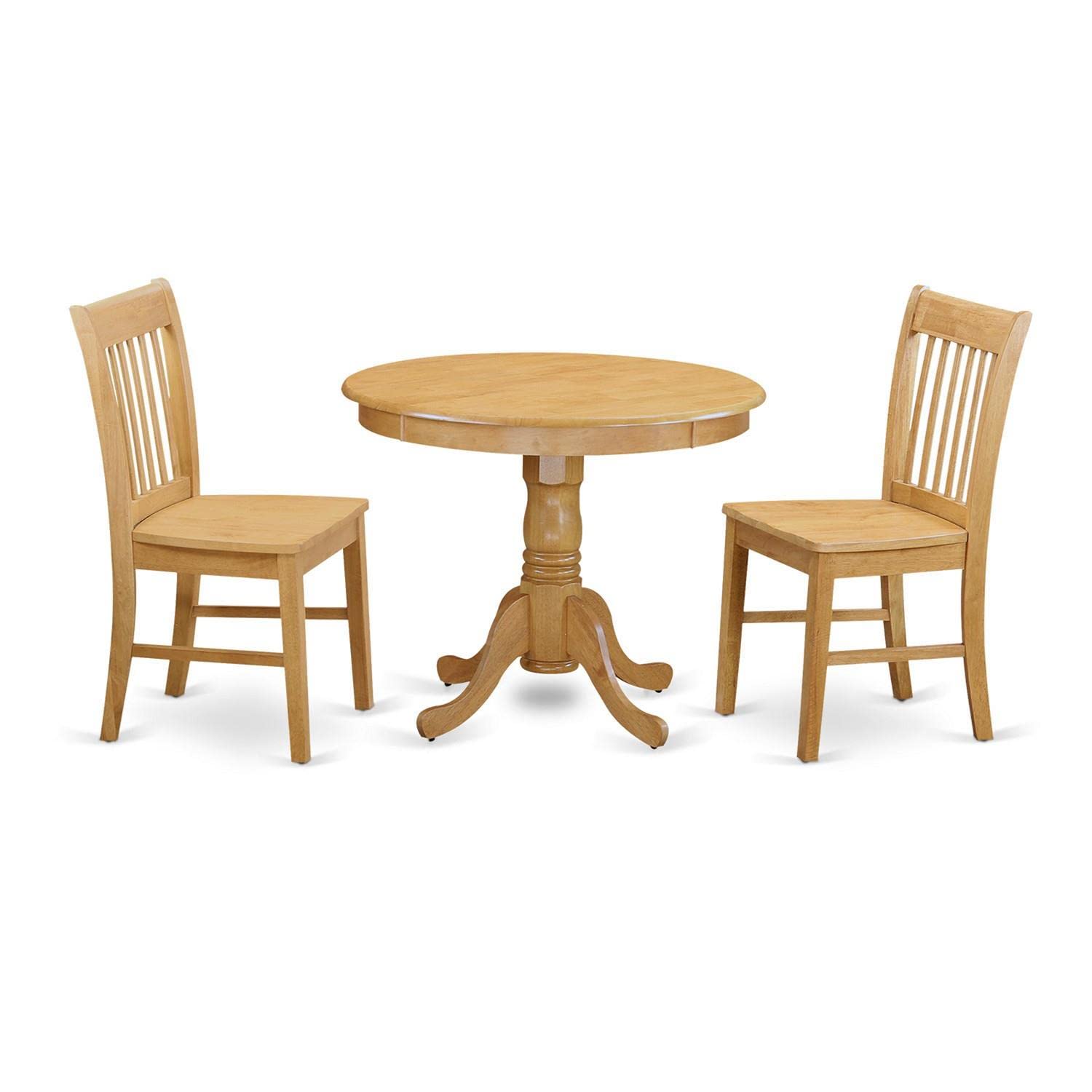 East West Furniture ANNO3-OAK-W 3 Piece Oak Dining Table Set with Pedestal Base and 2 Matching Chairs, 36x36 Inch Round Kitchen Table - Perfect for Small Spaces, Breakfast Nooks & Cozy Dining Areas