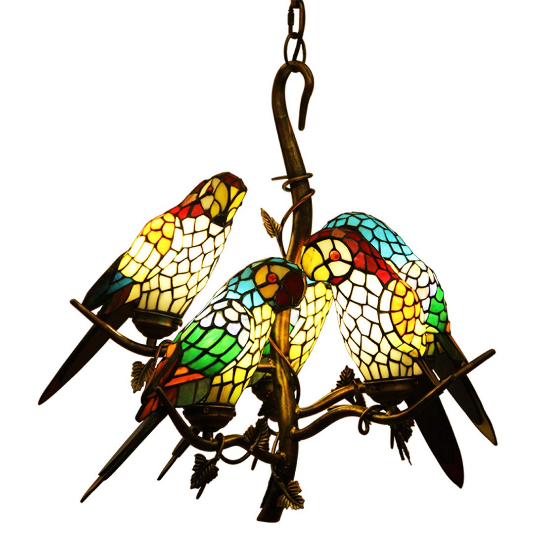 Vintage Tiffany Style Chandelier Ceiling Light - 5-Light Parrots Tree Branch Stained Glass Pendant Fixture for Living Room, Bedroom, Cafe | Antique Home Decor Lighting for Dining Room, Entryway, Hotel Lobby