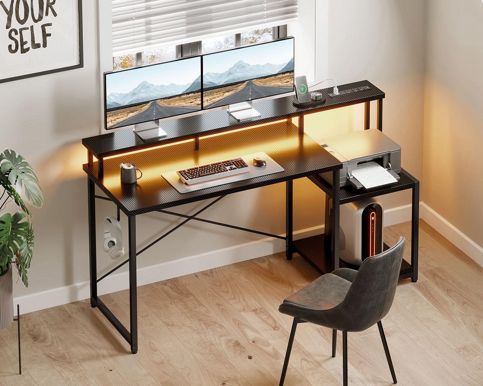 AODK 56 Inch Gaming Computer Desk with LED Lights & Power Outlet, Carbon Fiber Black - Office Desk with Monitor Shelf, Headphone Hook & Printer Storage Shelves - Perfect for Home Office, Gaming Setup and Workstation