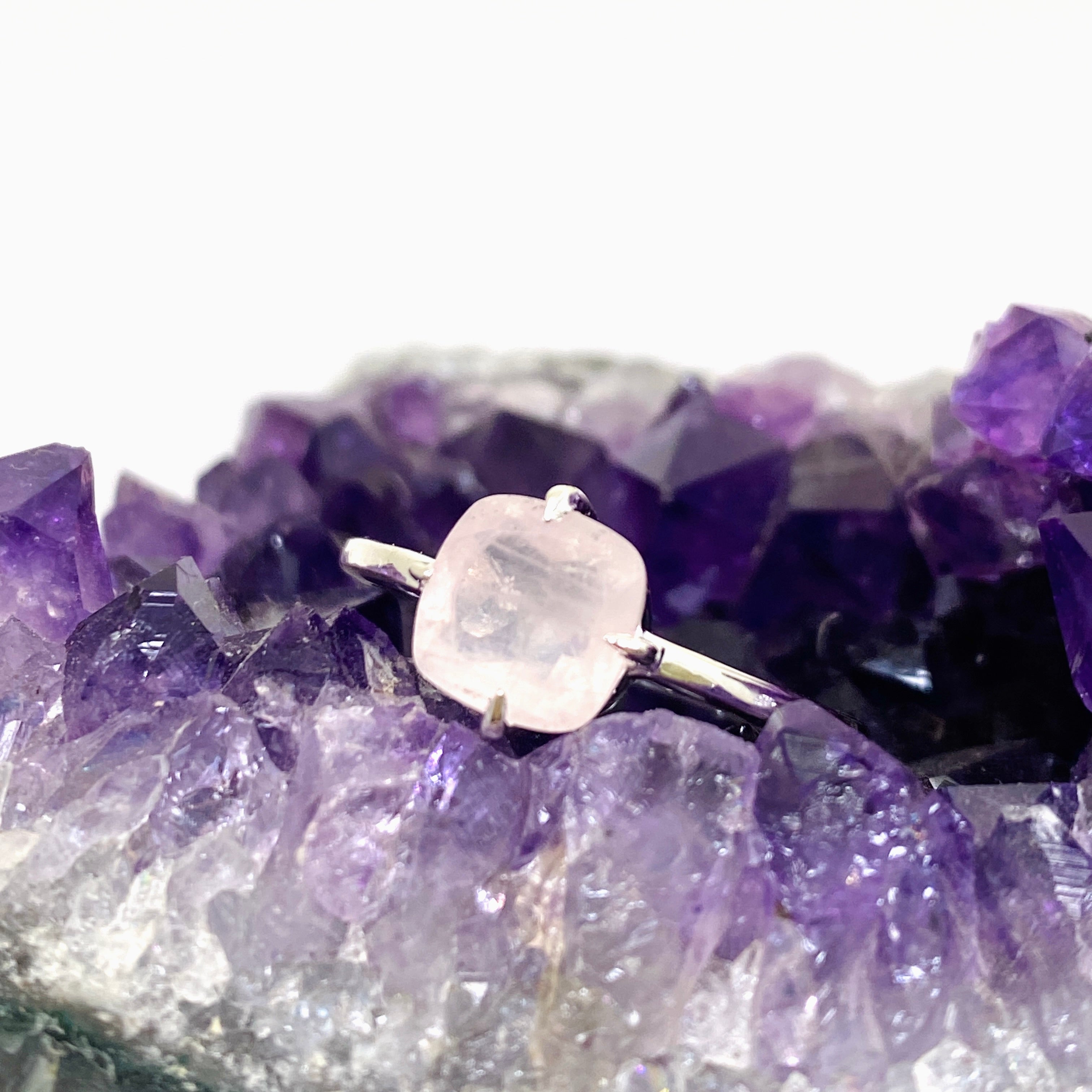 Rose Quartz Faceted Square Solitaire Ring R4806 - Elegant Healing Crystal Jewelry for Women, Perfect for Meditation, Gifts & Everyday Wear