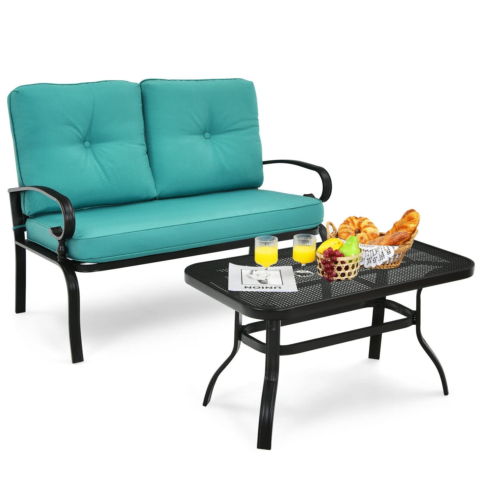 2PCS Patio Loveseat Bench Set with Cushioned Chairs & Coffee Table - Outdoor Garden Furniture for Backyard, Porch, or Balcony - Turquoise Loveseat Set for Relaxing & Entertaining