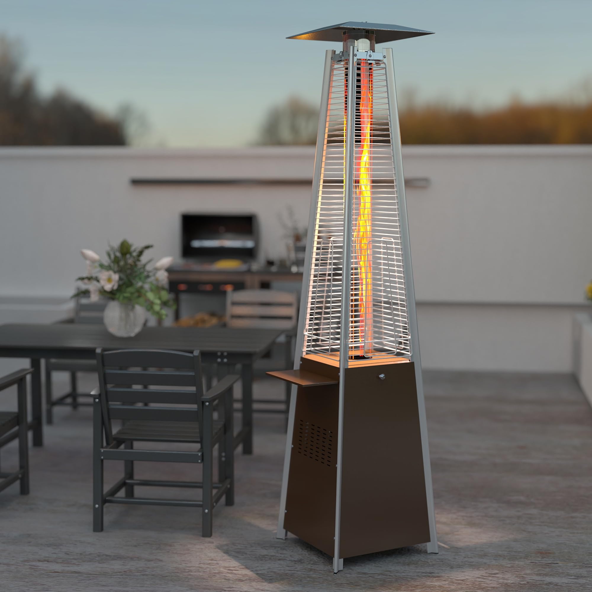 FOOWIN 48,000 BTU Outdoor Propane Patio Heater with Detachable Table, Wheels & Waterproof Cover - Hammered Bronze Quartz Glass Tube Heater for Backyard, Deck, Restaurant & Garden Parties