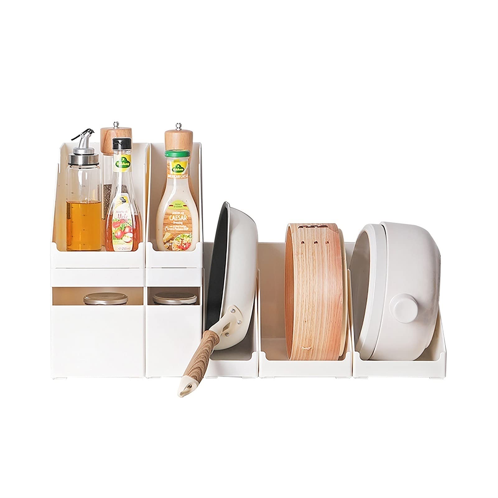 Sturdy White Plastic Pan Organizer Rack - 17.34×11.61×35 Inch Space-Saving Kitchen Storage for Pots & Pans - Perfect for Cabinet, Pantry or Countertop Organization
