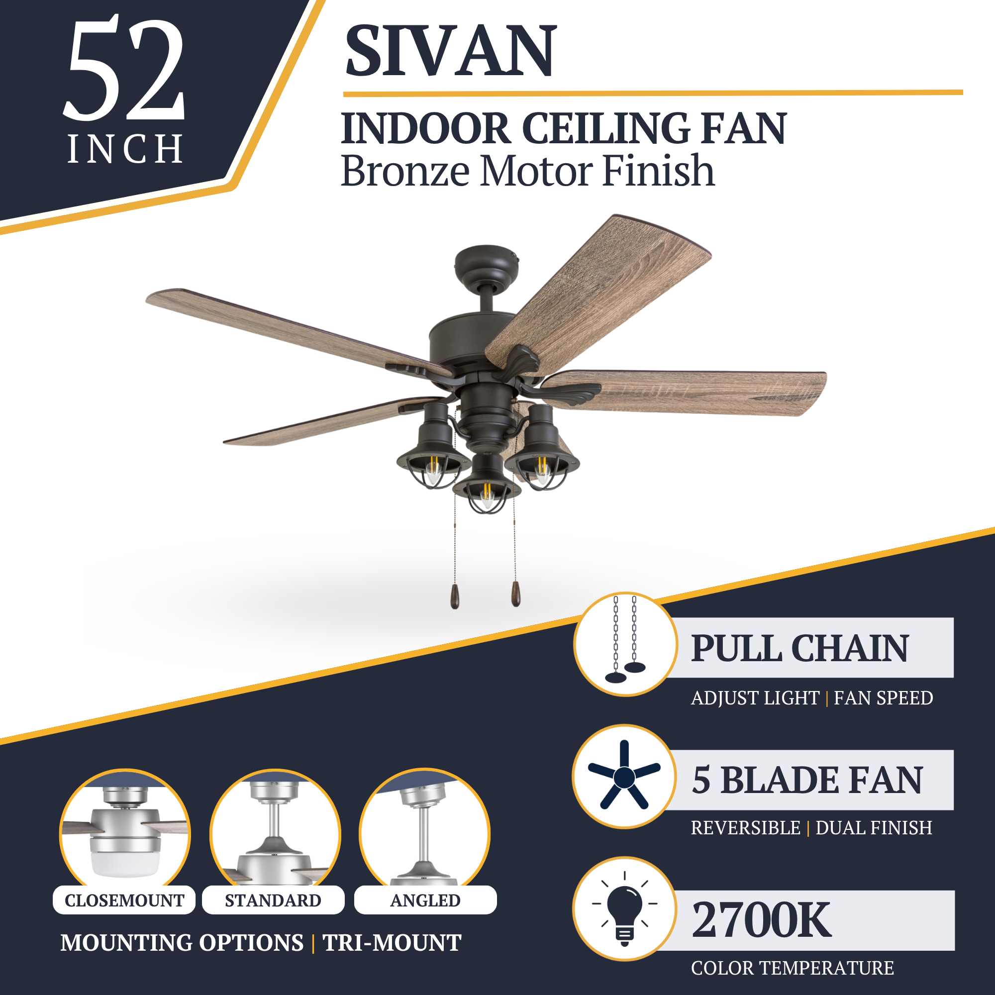 52 Inch Sivan Bronze Ceiling Fan with Pull Chain - Modern Low Profile Design for Bedroom, Living Room & Office - Energy Efficient Quiet Operation