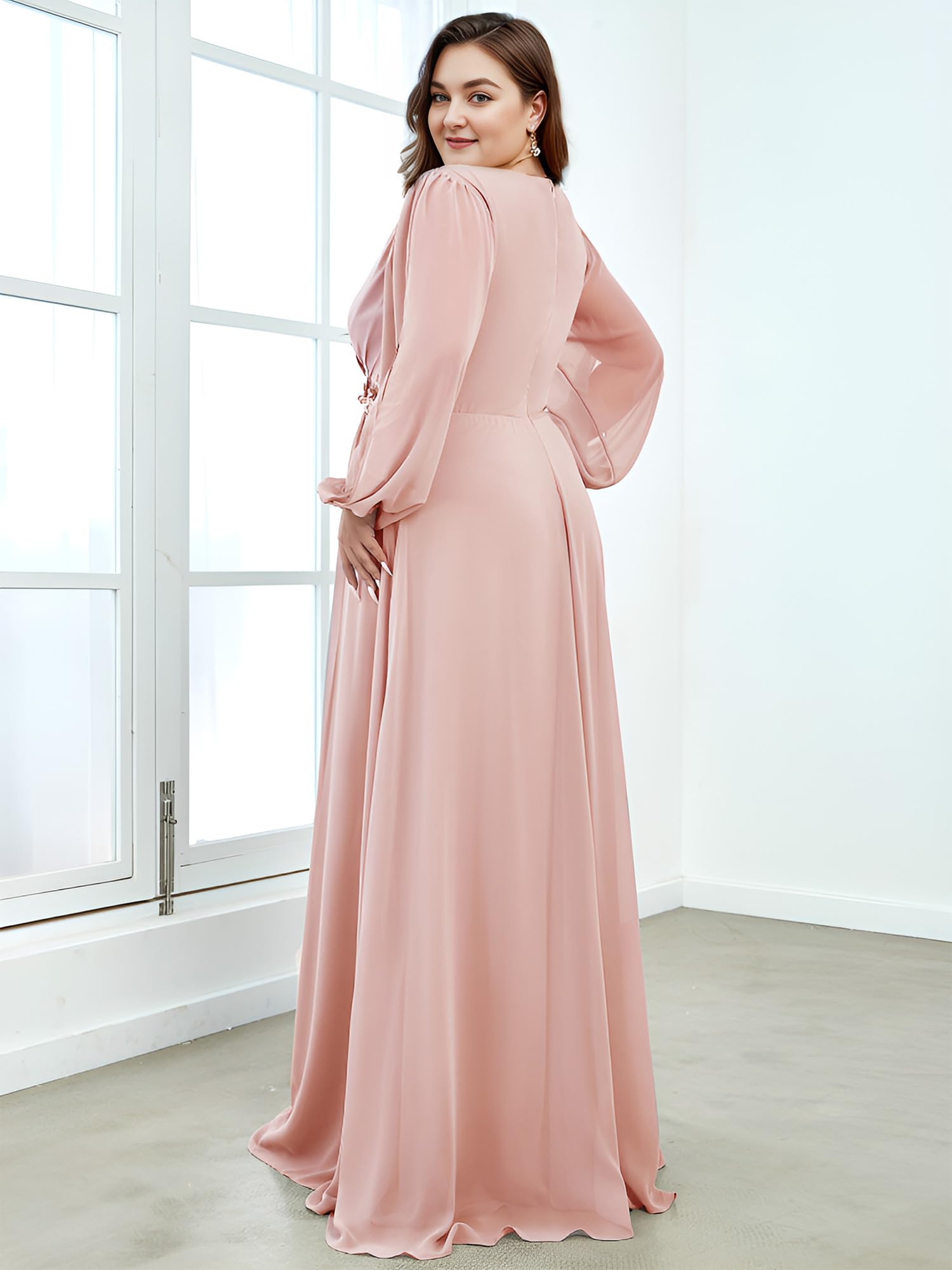 Ever-Pretty Plus Size Women's Formal Dress - V-Neck Floor Length Floral Applique Lantern Sleeves Evening Gown for Curvy Women | Wedding Guest, Prom, Cocktail Party, Special Occasion