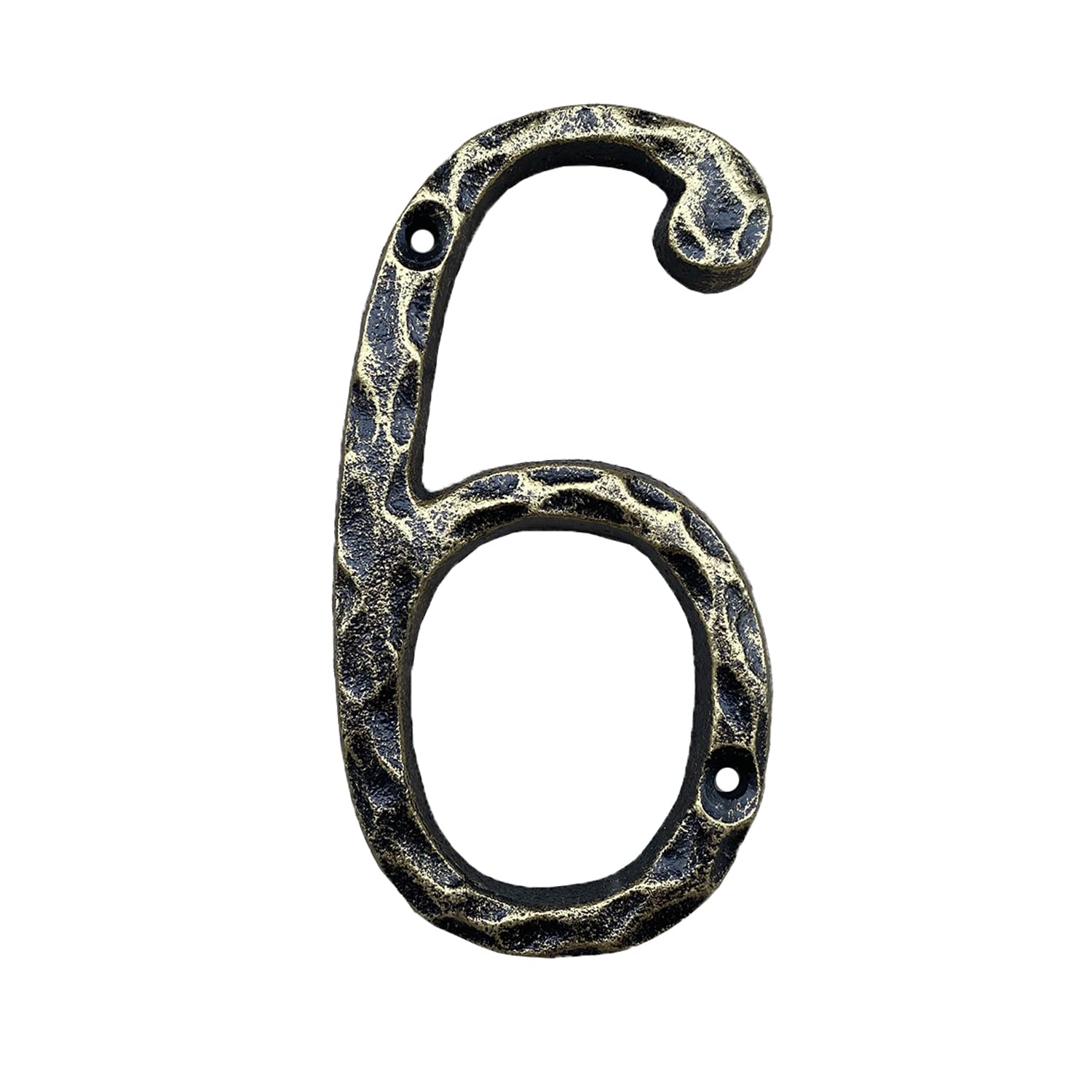 5.6 Inch Cast Iron Hammered Mailbox Numbers - Rustic Brass House Address Plaque for Front Door, Porch, or Garden (Number 6) - Weatherproof Outdoor Home Decor