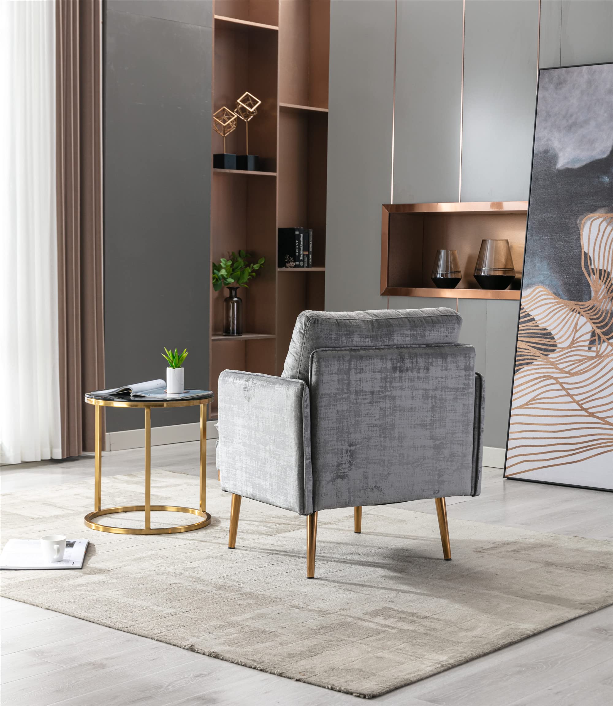 Modern Velvet Single Sofa Chair - Upholstered Accent Living Room Armchair with Rose Gold Metal Legs, Tufted Reading Chair for Bedroom & Lounge (Grey) - Perfect for Small Spaces, Home Office & Cozy Corners