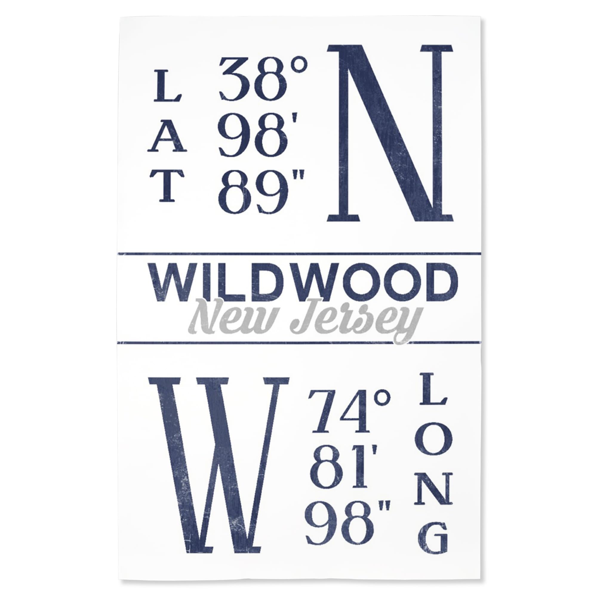 Lantern Press 16x24 Inch Giclee Art Print - Wildwood New Jersey Coastal Map with Latitude & Longitude Coordinates in Blue - Perfect for Beach House Decor & Coastal Themed Rooms