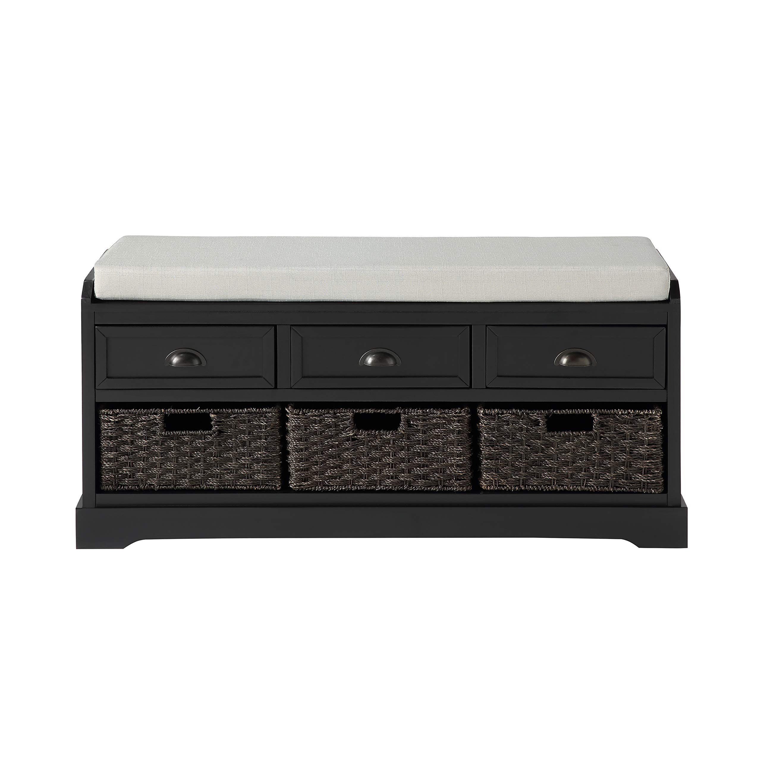 Wooden Storage Bench with 3 Drawers & Wicker Baskets, Entryway Shoe Bench with Removable Cushion - Perfect for Hallway, Living Room & Bedroom Organization