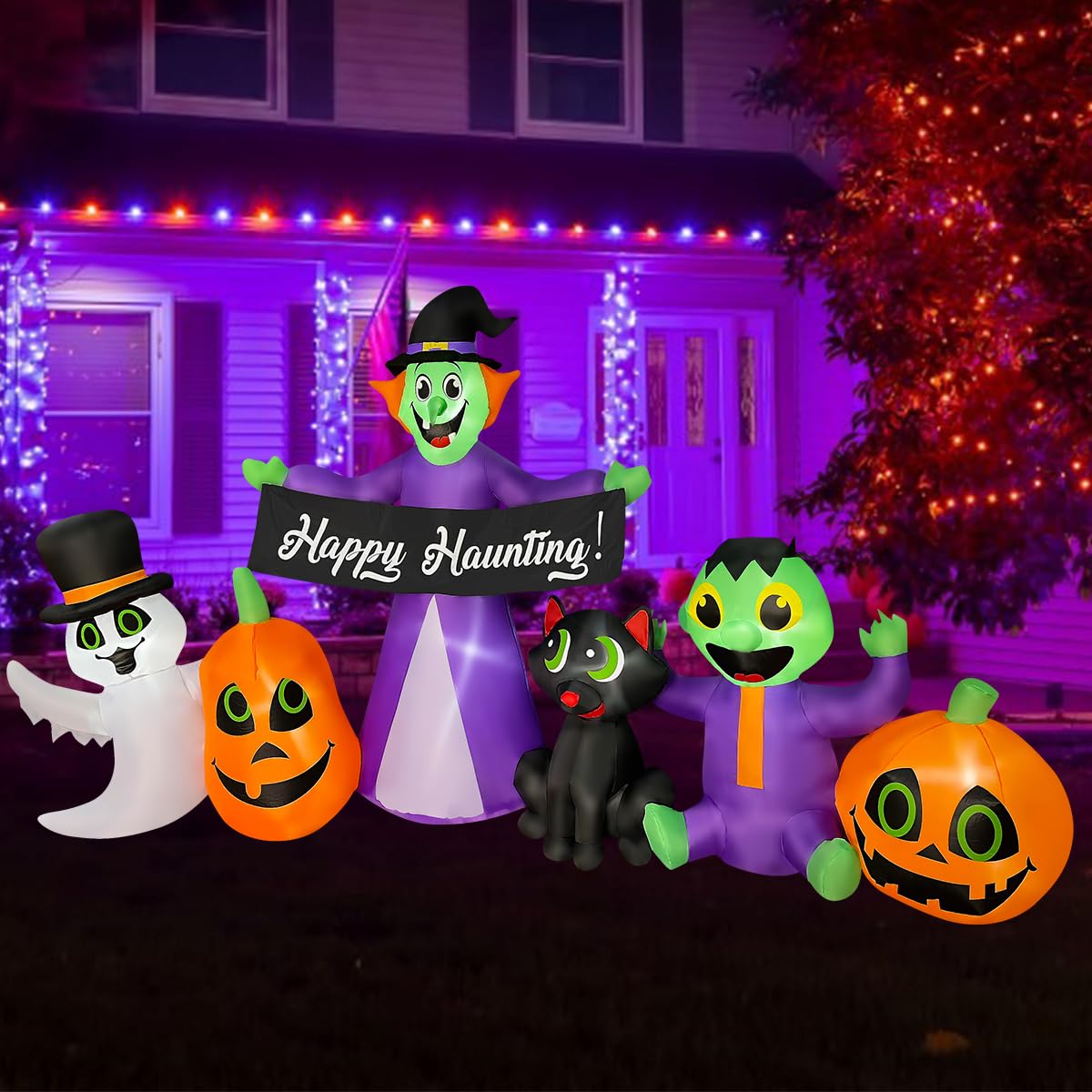 8ft Halloween Inflatable Decor Set - Witch, Ghost, Frankenstein & Black Cat with LED Lights & Pumpkin | Indoor/Outdoor Holiday Decorations for Yard, Party & Haunted House