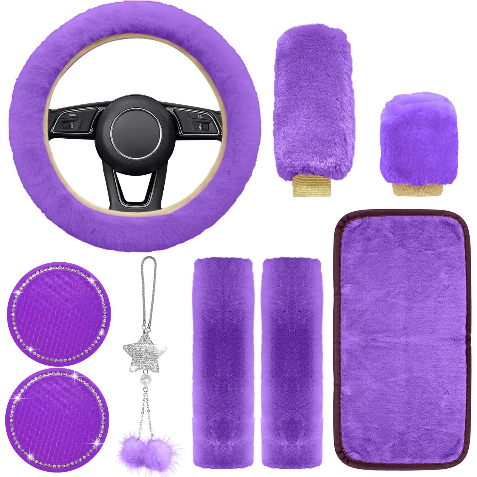 Fluffy Car Accessories Set - 9 Pcs Soft Fleece Steering Wheel Cover for Women, Non-Slip Car Decor for Winter Driving