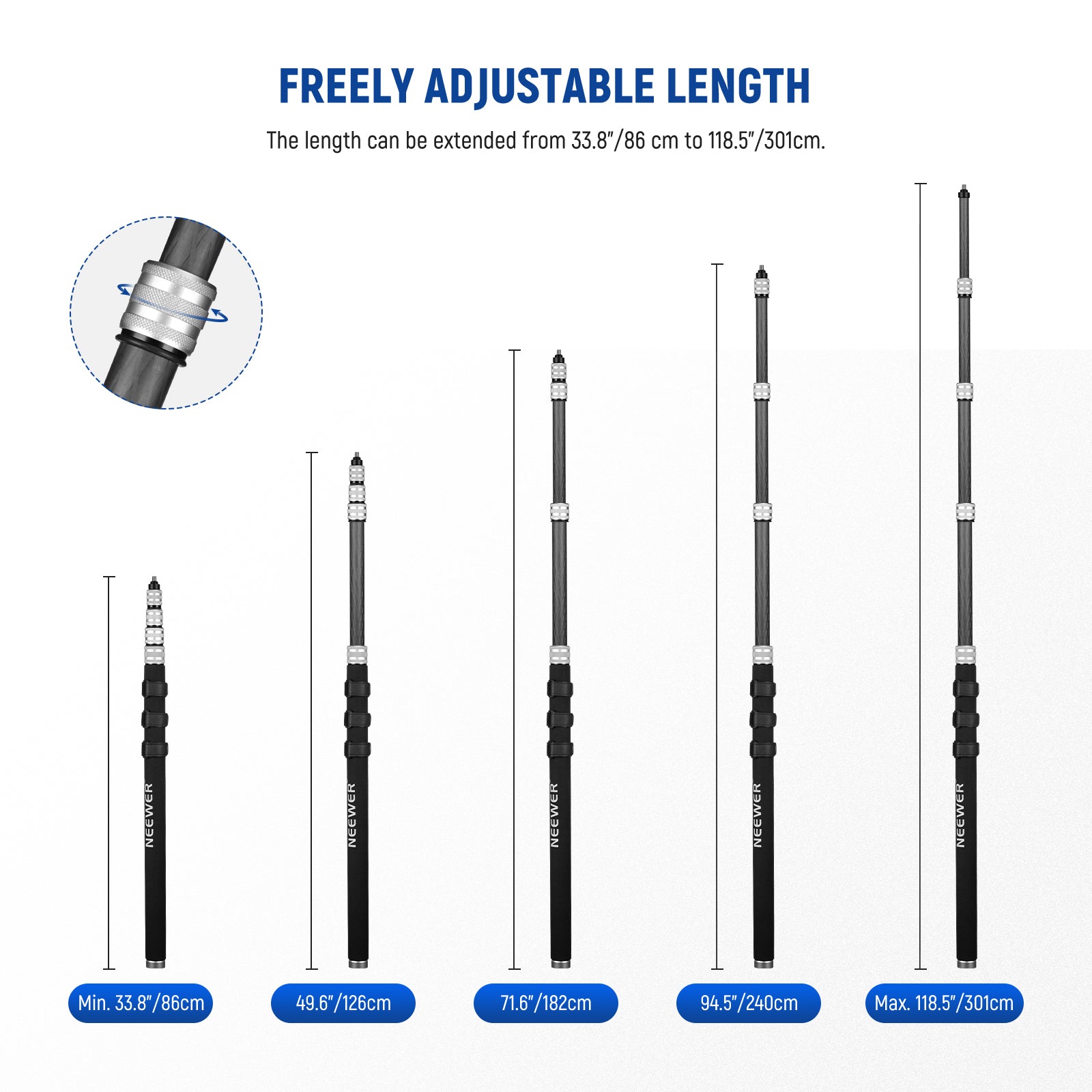 NEEWER MS 300C Upgraded Carbon Fiber Microphone Boom Stand - Professional Telescoping Boom Arm for Studio Recording, Podcasting & Field Interviews