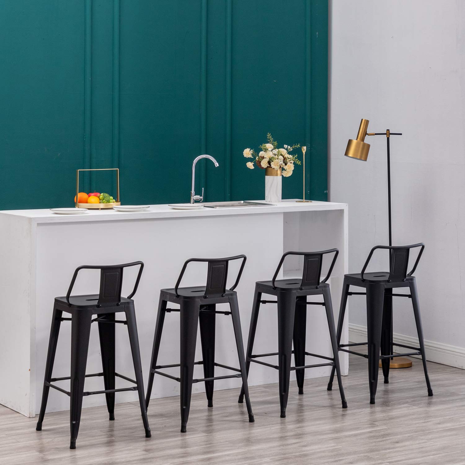 Yongqiang 24 Inch Metal Bar Stools Set of 4 - Matte Black Kitchen & Dining Counter Height Stools with Back Support - Perfect for Indoor, Outdoor, Bars, Restaurants & Home Kitchen Islands