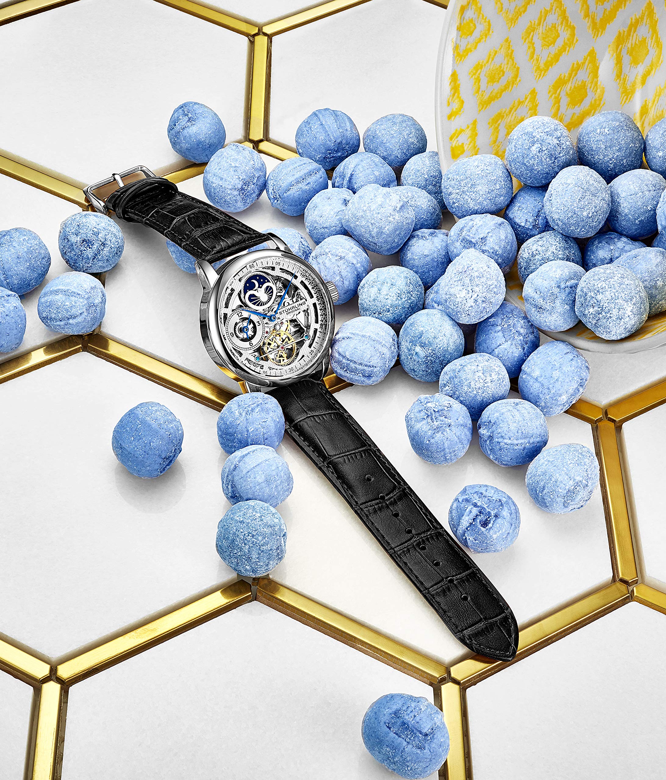 Stuhrling Original Men's Skeleton Automatic Watch - Dual Time, AM/PM Sun Moon Display, Genuine Leather Band, Legacy Collection | Perfect for Business, Formal Events & Gift Giving