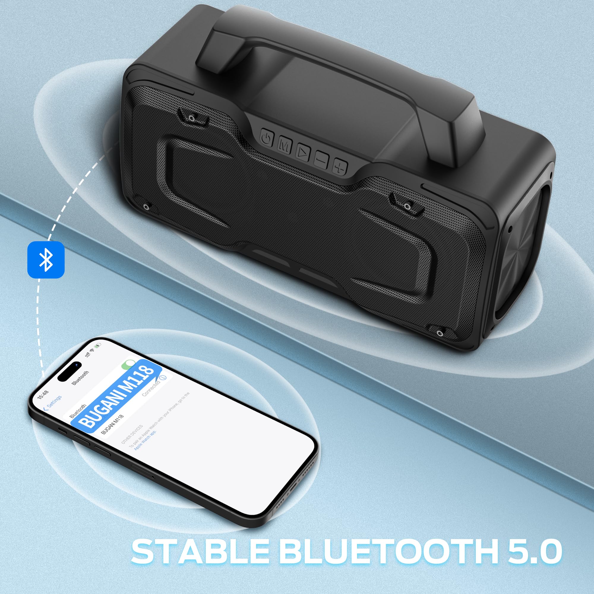BUGANI 80W Powerful Bluetooth Speaker - IPX7 Waterproof Portable Wireless Speaker with Handle, 24H Playtime, Microphone/AUX/USB Support - Perfect for Outdoor Parties, Poolside, Beach & Camping (Black)