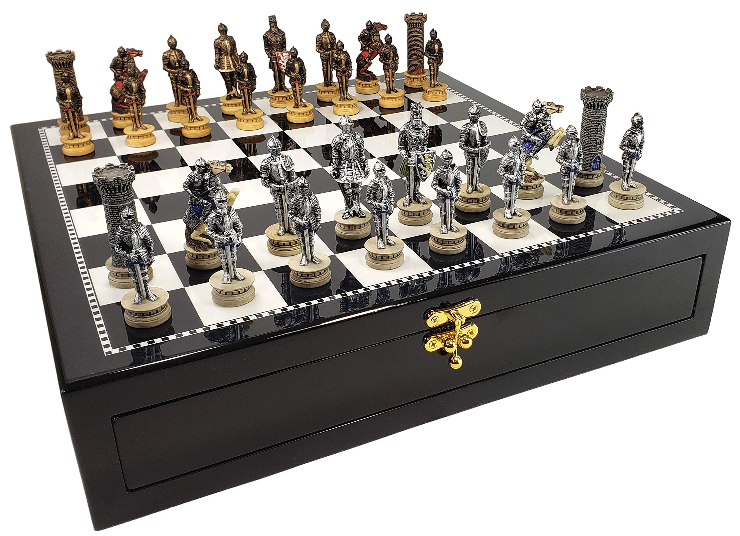 Medieval Crusades Gold & Silver Armored Knights Chess Set - 17 Inch Black & White Storage Board - Perfect for Collectors, Home Decor & Strategy Game Lovers