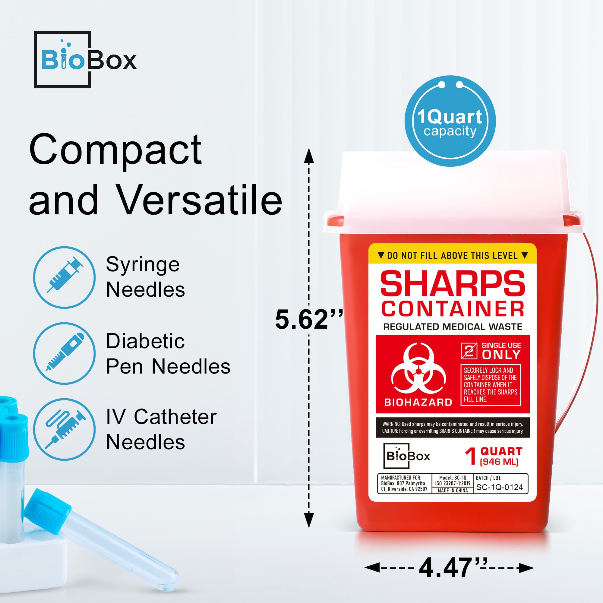 Small Sharps Container - 1 Quart Portable Needle Disposal Bin for Home Use, Labs & Travel | Biohazard Waste Disposal Solution | Ideal for Diabetic Supplies, Medical Waste & Tattoo Parlors