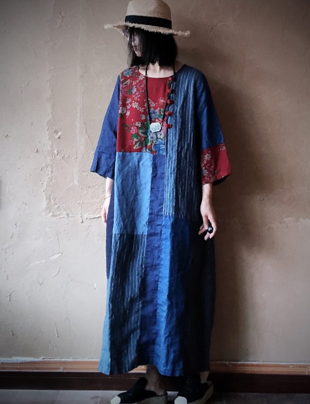 NFYM Women's Casual Loose Bohemian Floral Patchwork Maxi Dress - Cotton Linen Blend Long Sleeve Dress with Pockets | Perfect for Beach Vacation, Summer Outings & Boho Chic Fashion