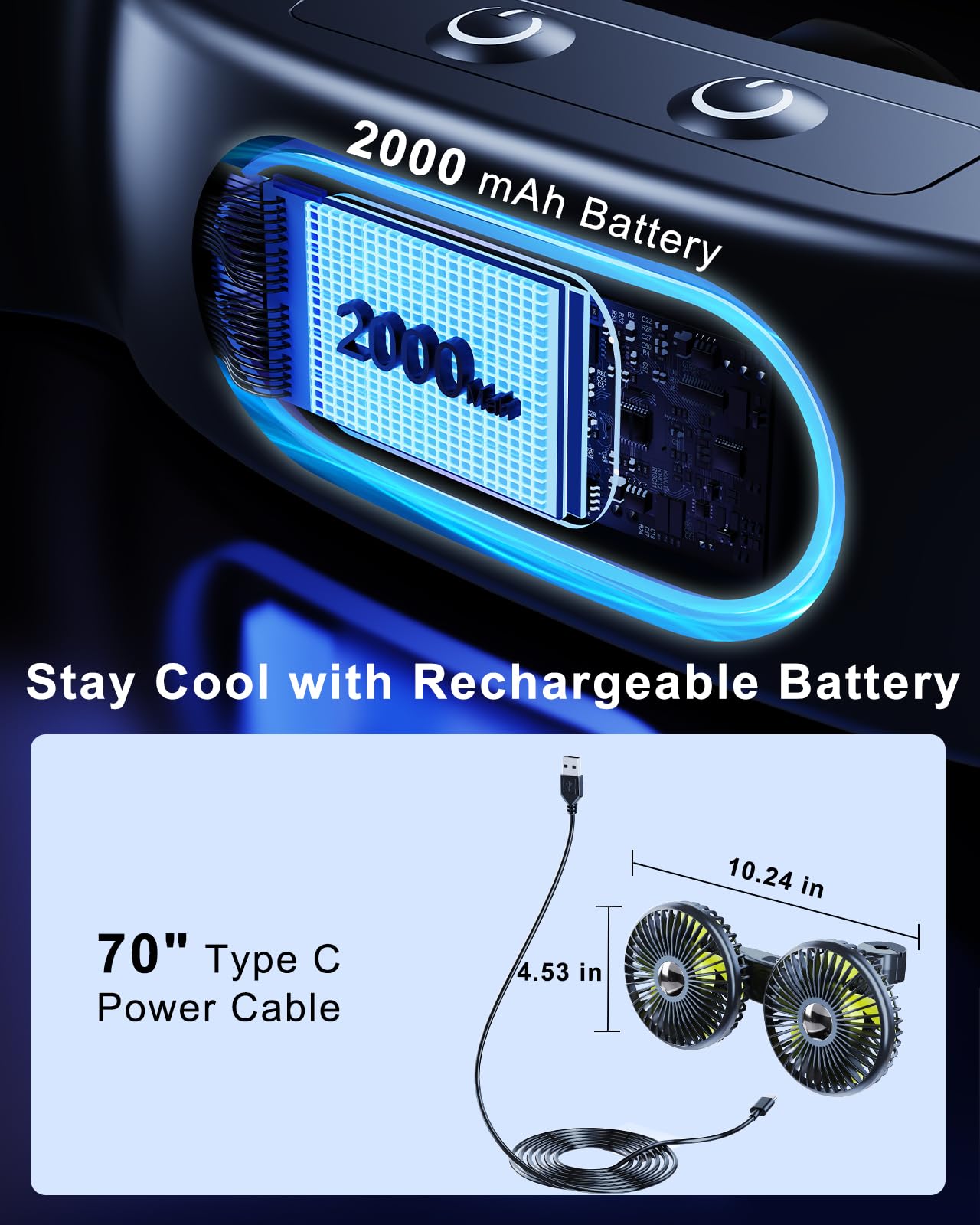 Rechargeable 360° Rotatable Car Backseat Fan with USB C Cable & Car Charger - Portable Battery Operated Cooling Fan for Kids in SUV, RV, and Vehicles - Perfect for Road Trips, Camping, and Hot Summer Days