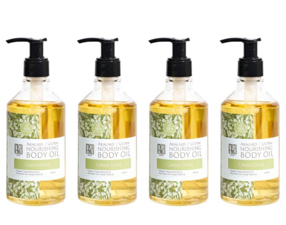AKALIKO Organic Green Olive Nourishing Body Oil for Very Dry Skin - 8.45 Fl Oz (Pack of 4) - Deep Hydration & Repair for Cracked Hands, Elbows & Feet - Perfect for Winter Skincare & Spa Treatments