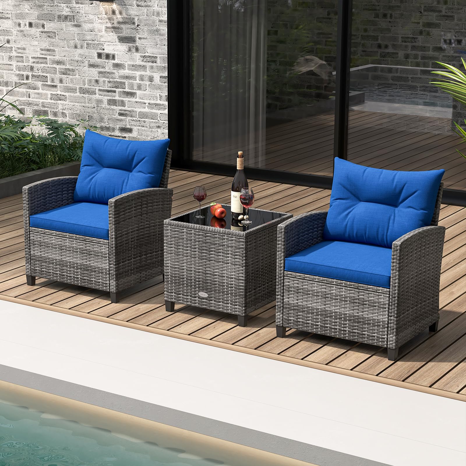 **KOTEK 3-Piece Outdoor Patio Furniture Set - PE Rattan Wicker Chairs & Tempered Glass Table with Washable Cushions - Navy Blue - Perfect for Porch, Garden, Balcony, and Backyard Relaxation**
