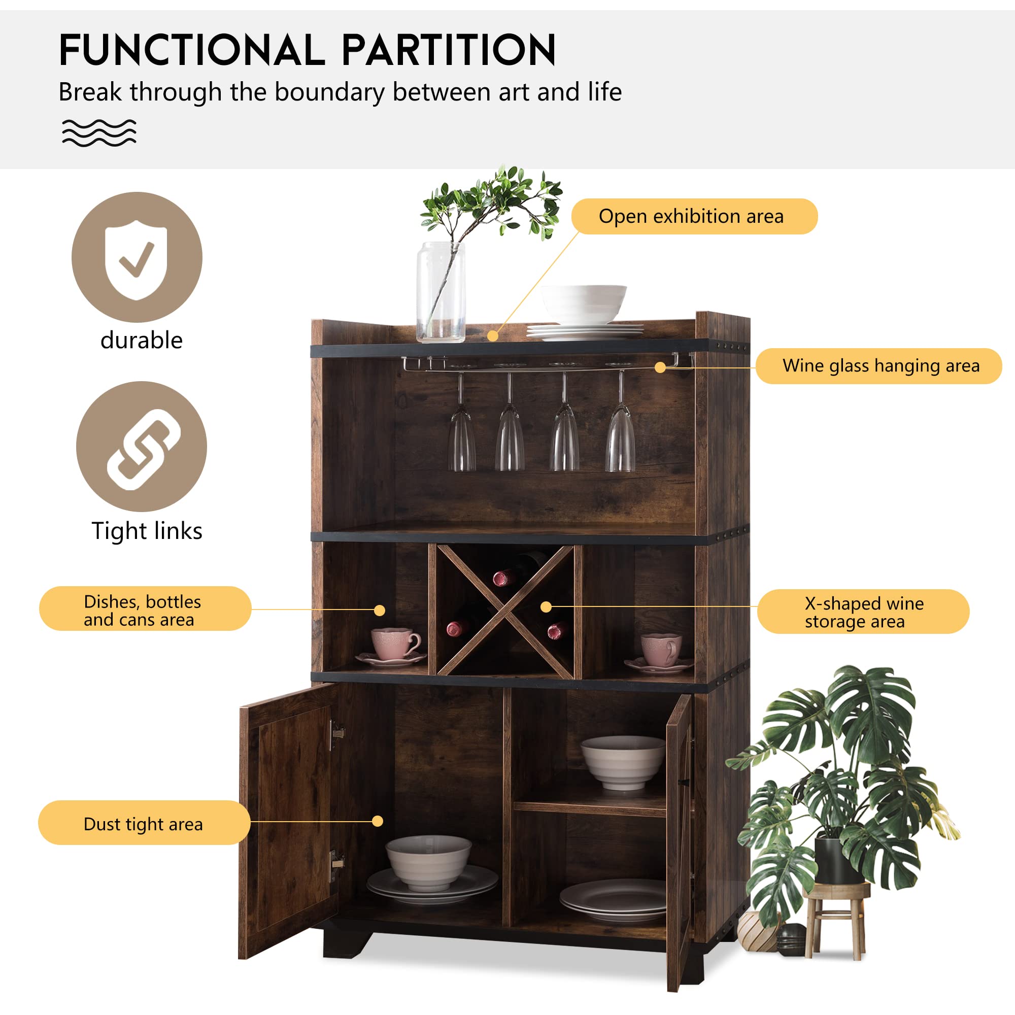 PayLessHere Solid Oak Home Bar Cabinet with Removable Wine Rack & 2 Open Shelves - Perfect for Kitchen, Dining Room or Lounge Storage