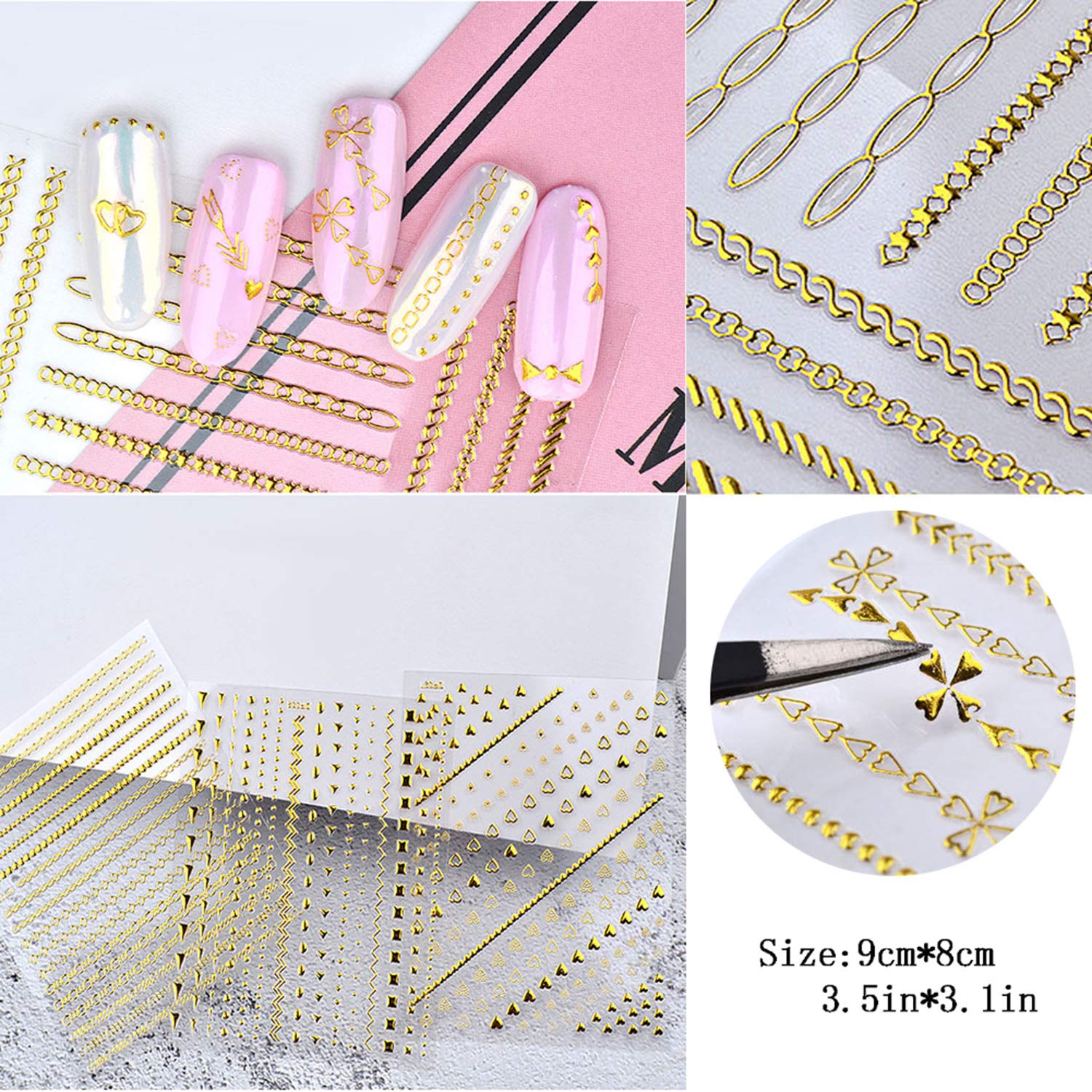 8 Sheets Gold 3D Nail Art Stickers - Self-Adhesive Metallic Chains, Lines, Triangle, Heart & Circle Nail Decals - Holographic Glitter Nail Supplies for Women & Girls - Perfect for Manicures, Parties, Weddings & Special Occasions