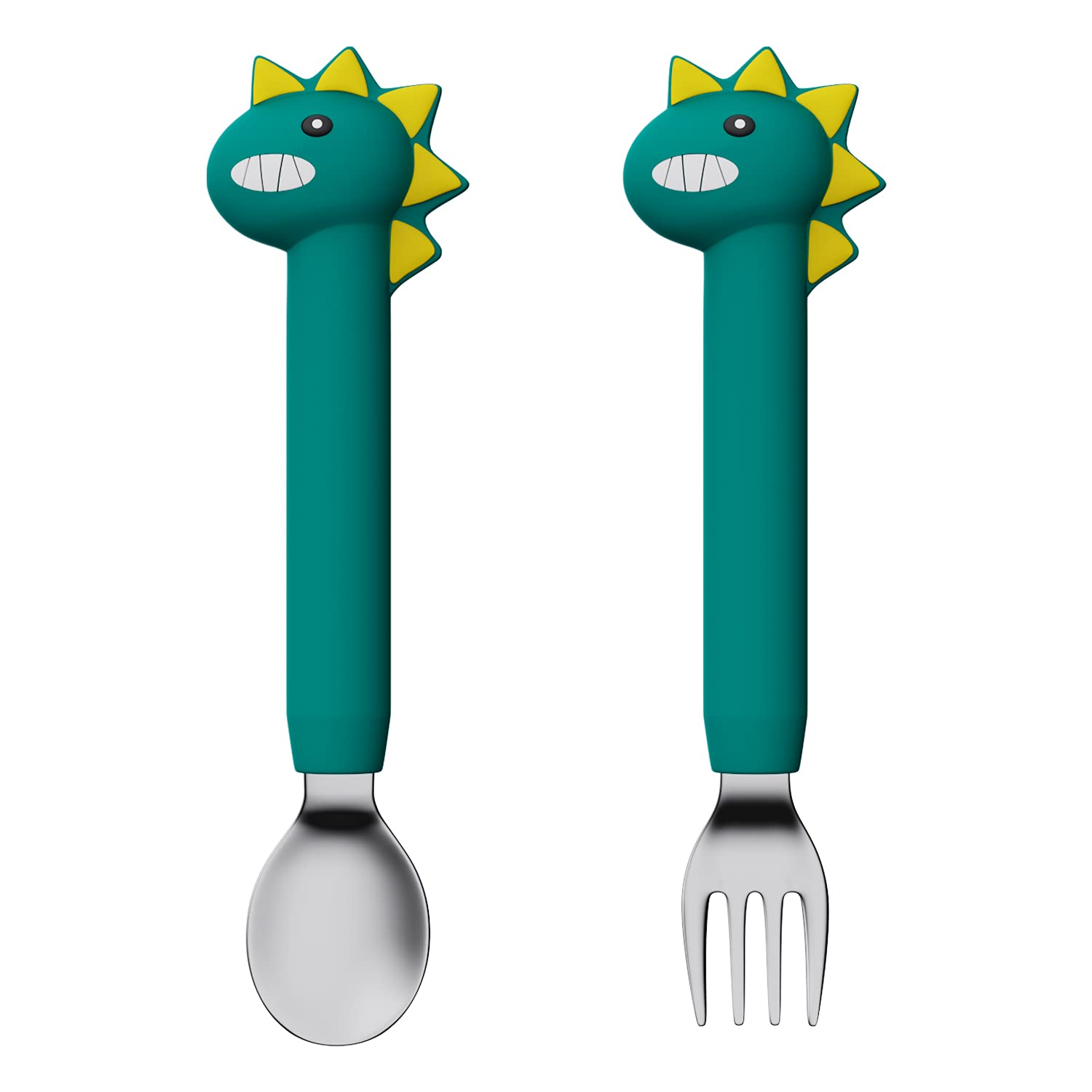 **Baby Training Forks and Spoons Set - Self Feeding Toddler Utensils - BPA-Free Silicone & Stainless Steel Kids Silverware - Green Dinosaur Design (Long Handle) - Perfect for Baby-Led Weaning & Early Mealtime Independence**
