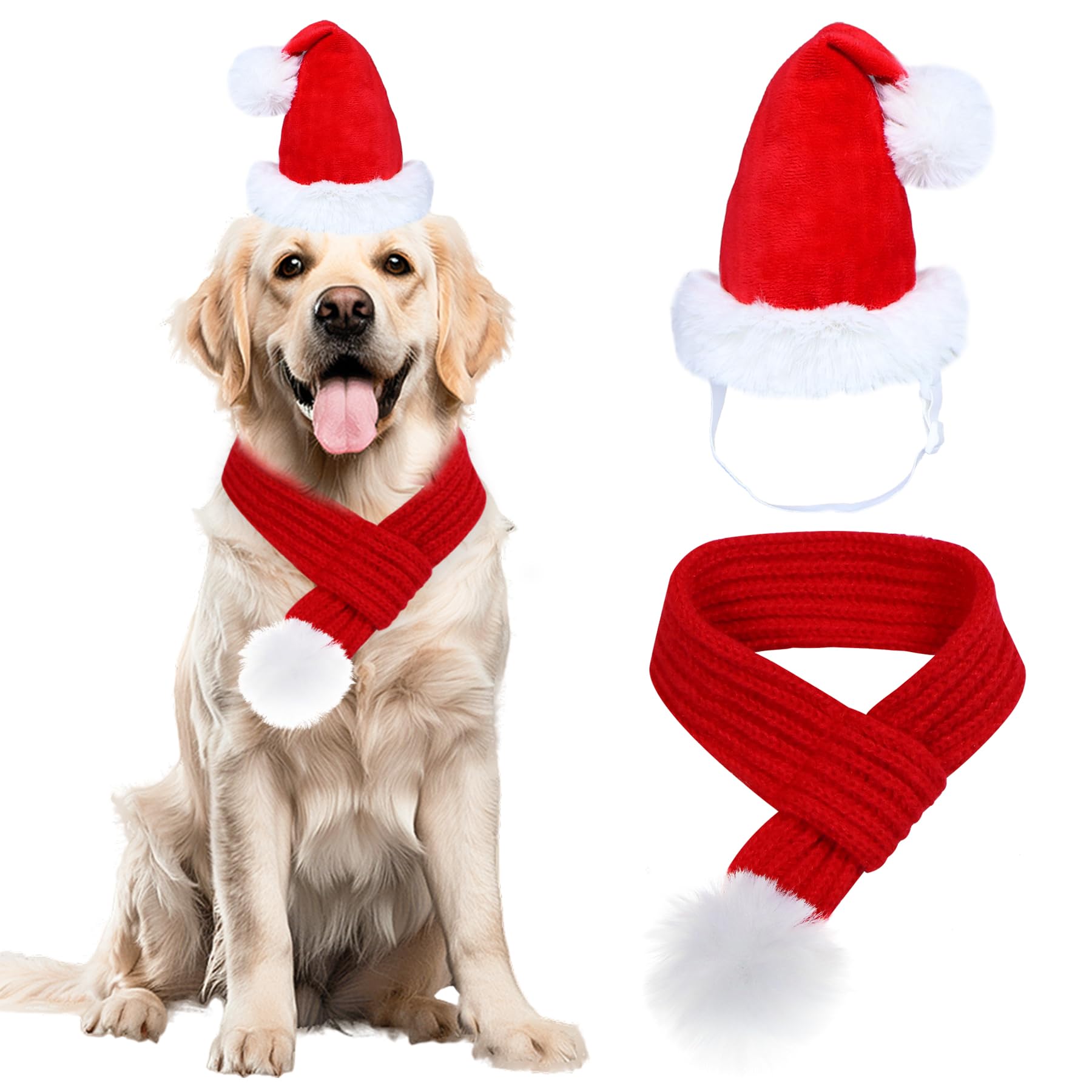 Dog Christmas Outfit - Adjustable Knitted Santa Hat & Scarf Set with Pompom Ball for Small to X-Large Dogs | Festive Holiday Pet Costume for Christmas Photos & Parties