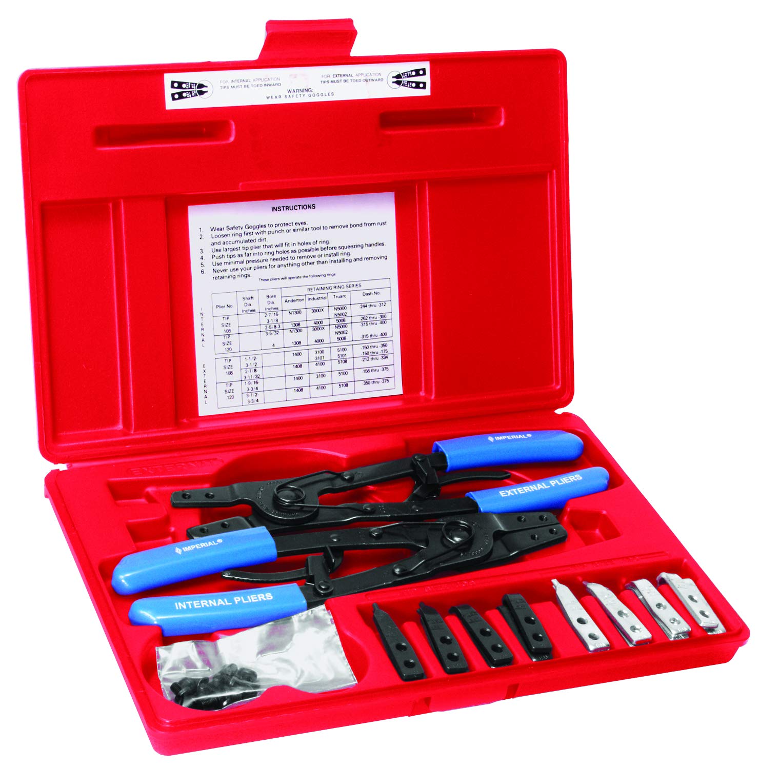 Heavy Duty Imperial Tool IR50K Replaceable Tip Retaining Ring Pliers Kit - Fits 1.5