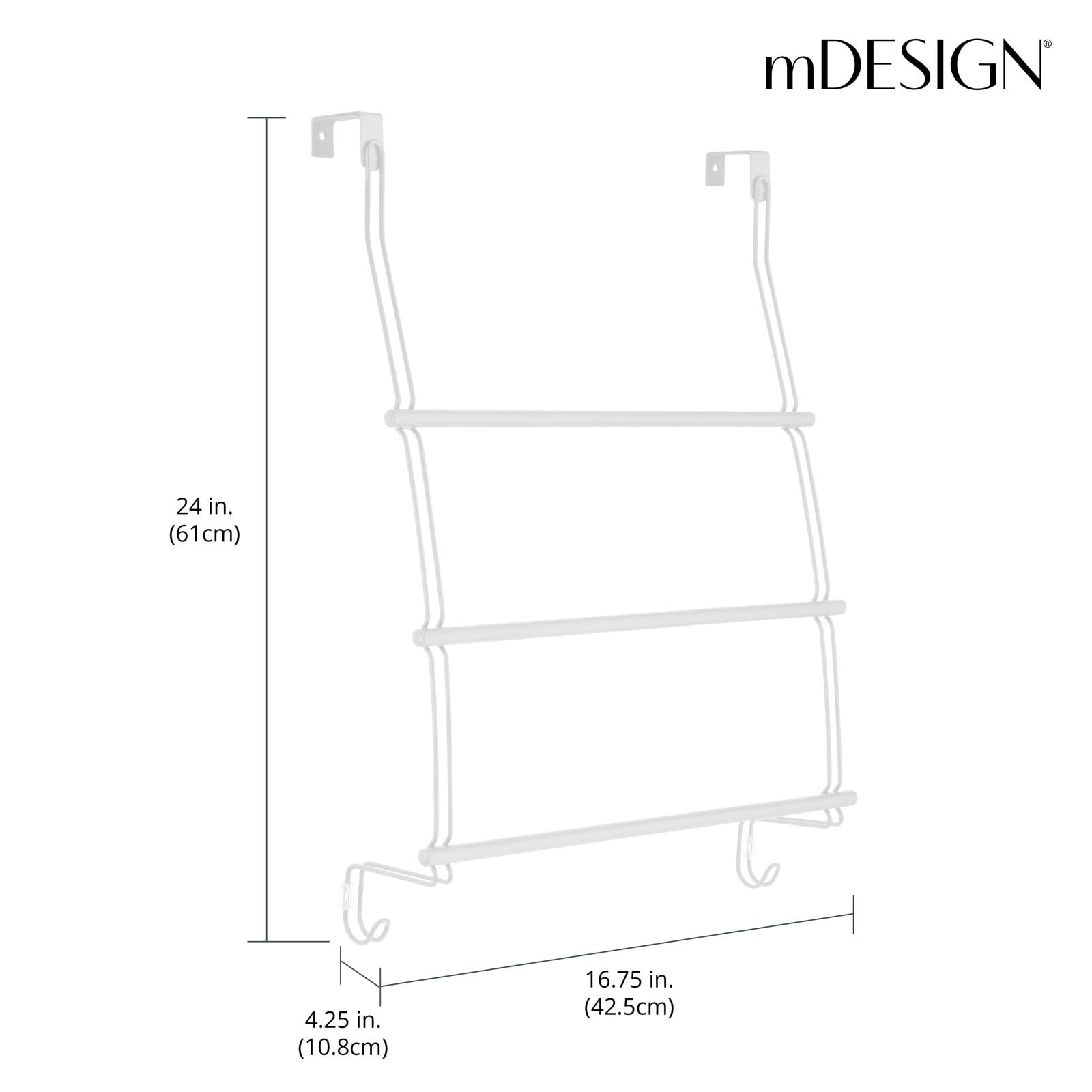 Adjustable 3-Tier Over Door Towel Rack Holder with 2 Hooks - Metal Bathroom Organizer for Shower, Blankets, Washcloths - Matte White - Perfect for Small Spaces & Back of Door Storage