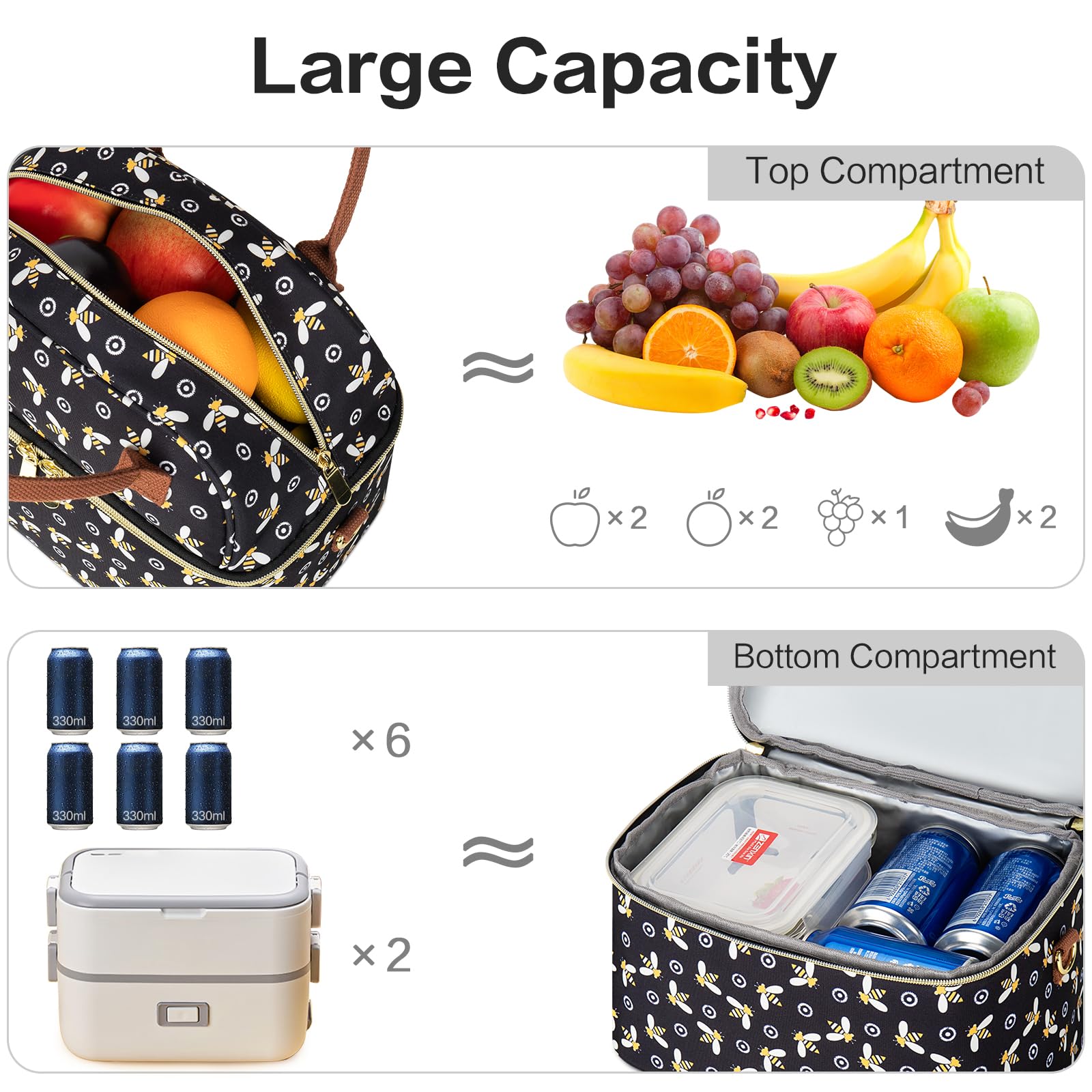 Hafmall Double Decker Insulated Lunch Bag for Women - Large Reusable Lunch Tote with Shoulder Strap, Cute Work Lunch Box for Office, School & Picnic - Bee Design | Perfect for Meal Prep, Commuting & Outdoor Activities