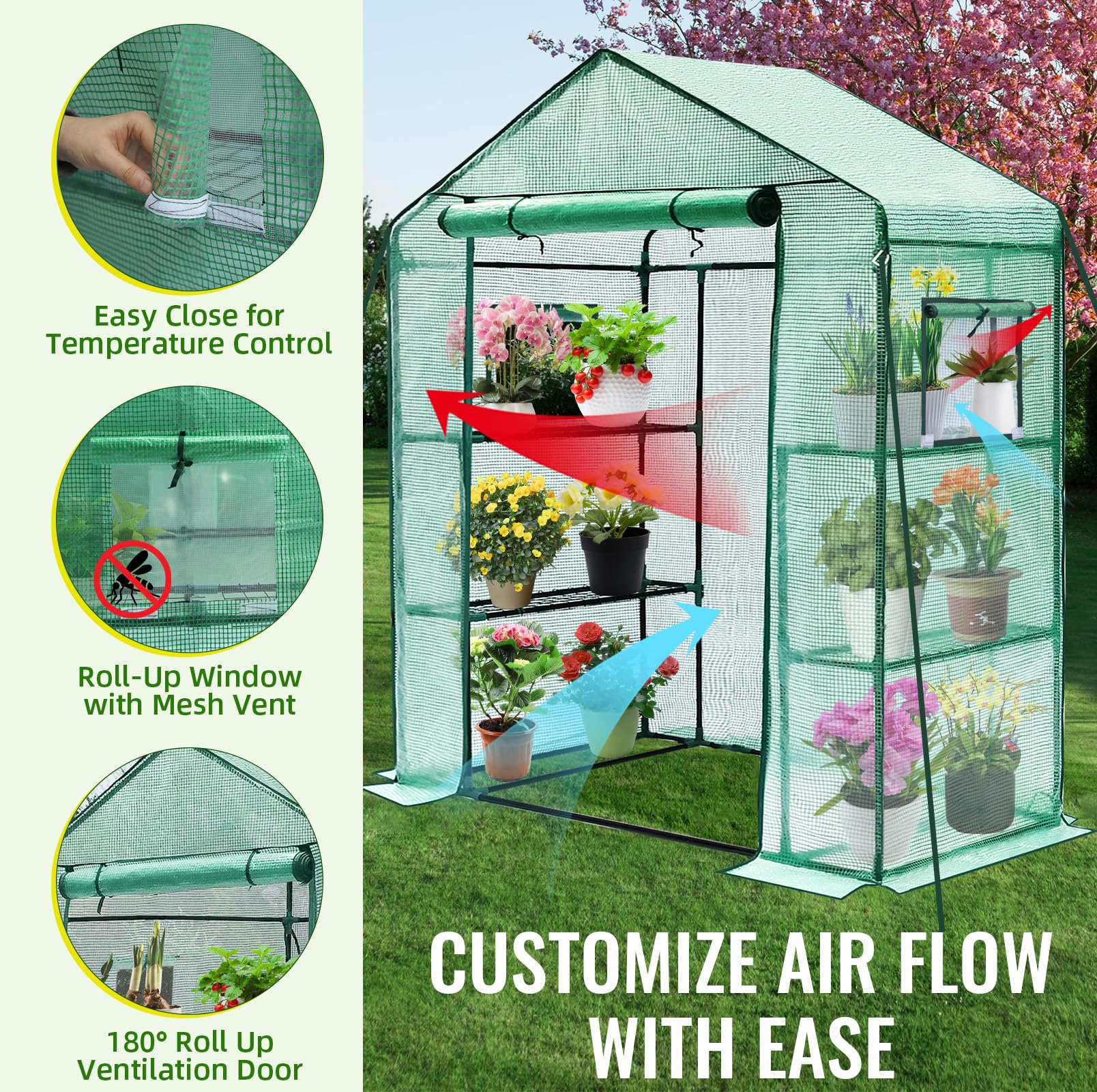 Greengro 28 x 57 x 76 Inch Outdoor Greenhouse with Screen Windows - 3 Tier 4 Shelf Small Plant House - Durable PE Cover & Plastic Walls for Indoor/Outdoor Gardening - Perfect for Herbs, Flowers & Seed Starting
