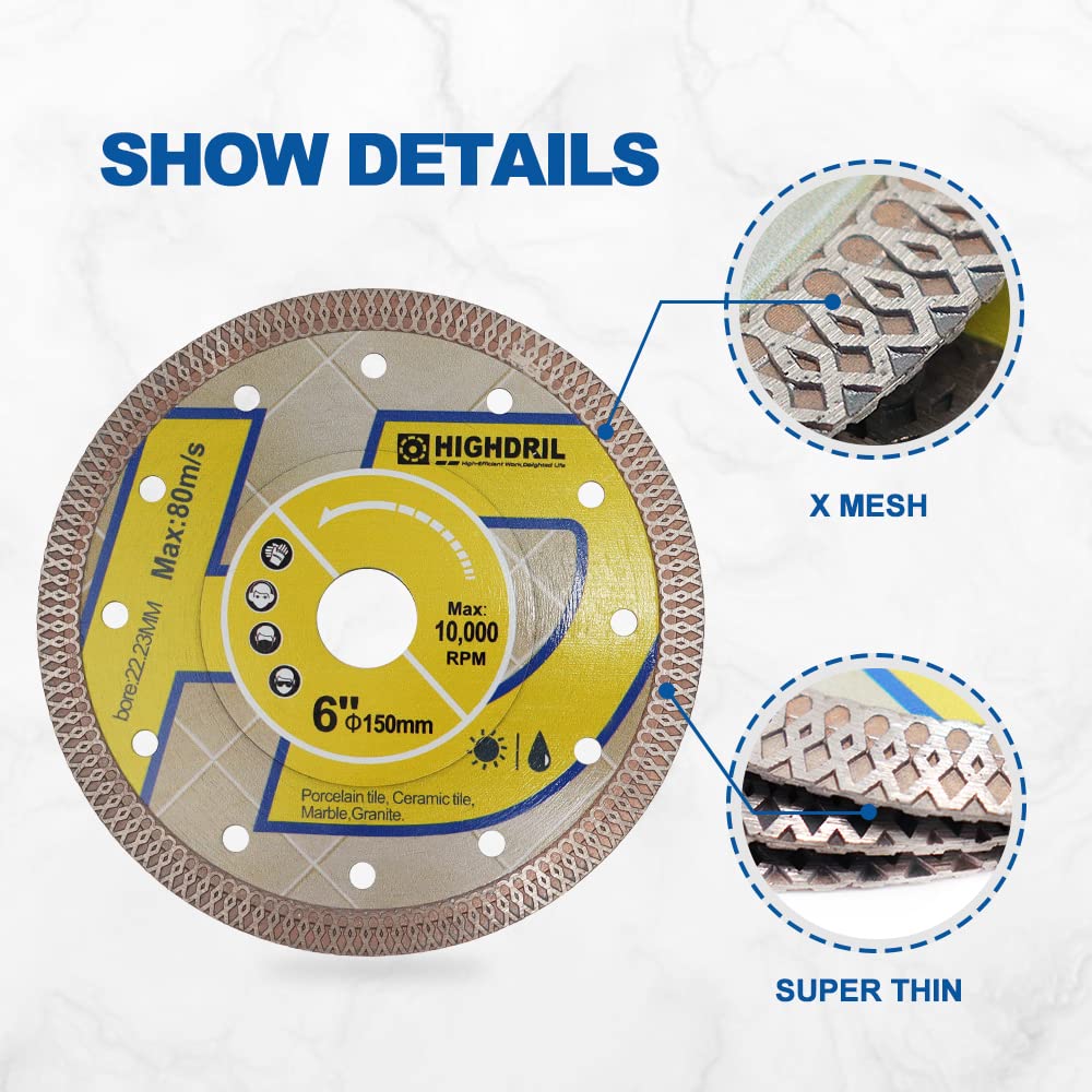 HIGHDRIL 6 Inch Diamond Saw Blade - 2 Pack Turbo X Mesh Diamond Tile Cutting Disc for Porcelain, Ceramic, Granite, Marble - Dry or Wet Use Circular Saw Blade - Perfect for Home Renovation, Tile Installation & DIY Projects