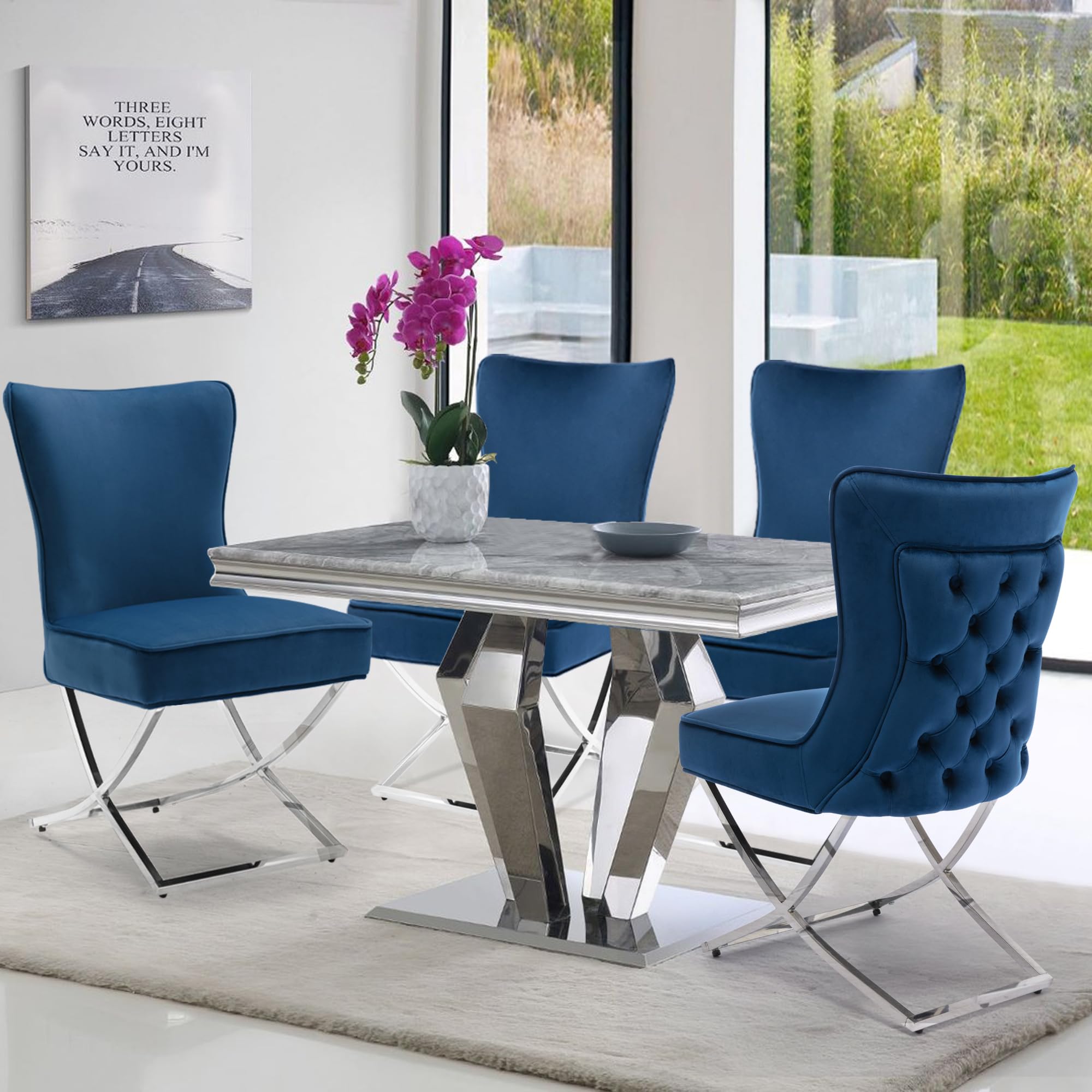 Modern Stainless Steel Legs Velvet Dining Chairs Set of 2 - Royal Blue Upholstered Button Tufted Back Chairs with Solid Piping | Elegant Dining Room Furniture for Home, Restaurant & Office Use