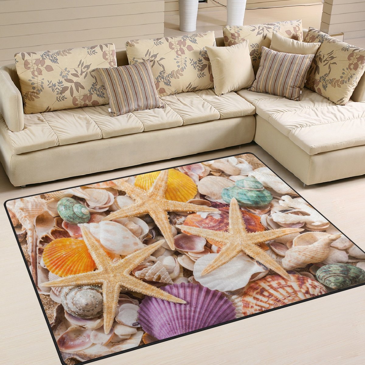 ALAZA Funny Starfish Seashell Beach Themed Area Rug - 7' x 5' Soft Non-Slip Floor Mat for Living Room, Bedroom, Nursery & Beach House Decor | Perfect for Coastal Home Decor, Vacation Rentals and Summer Themed Spaces