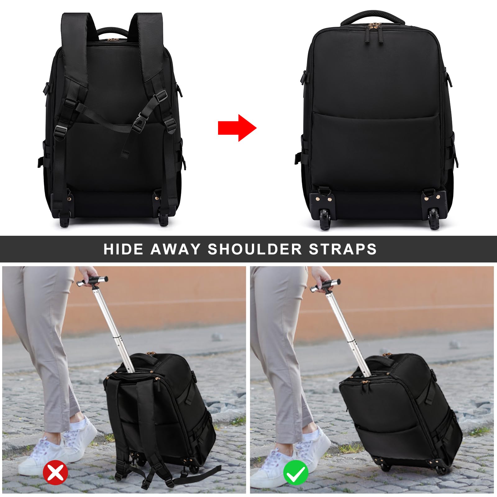 Expandable Rolling Backpack for Men - USB Charging Port & Anti-Theft Lock, Waterproof Business Travel Laptop Backpack with 6 Compartments (Black) - Perfect for Air Travel, Commuting & Business Trips