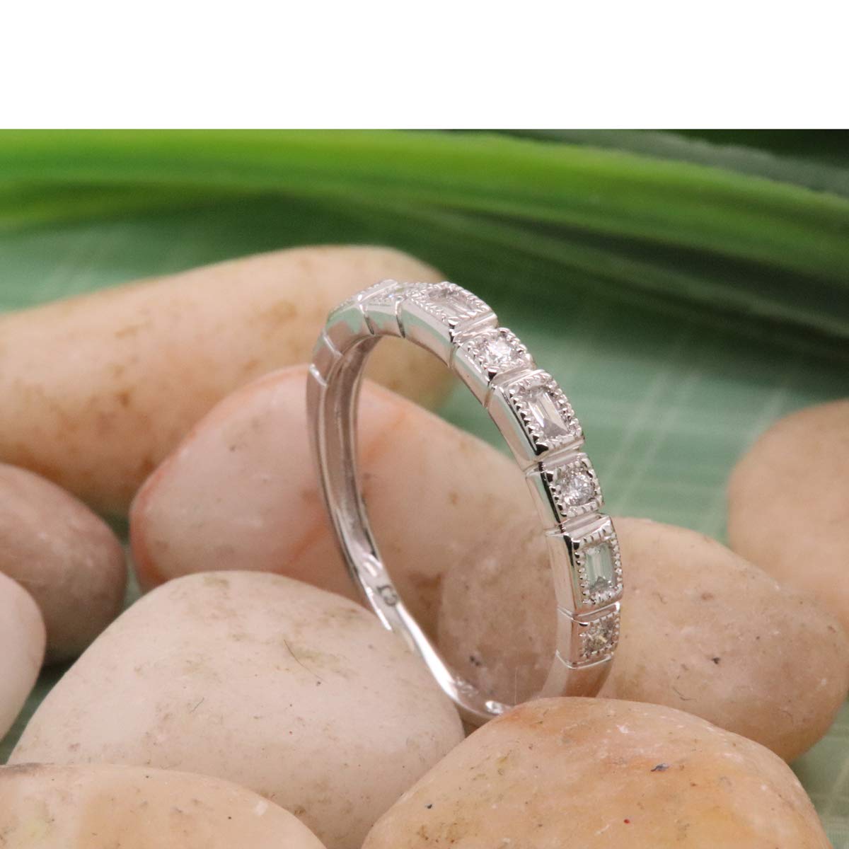 0.1ct 10K Solid White Gold Round & Baguette Diamond Wedding Band for Women - Anniversary, Engagement & Special Occasion Jewelry Gift