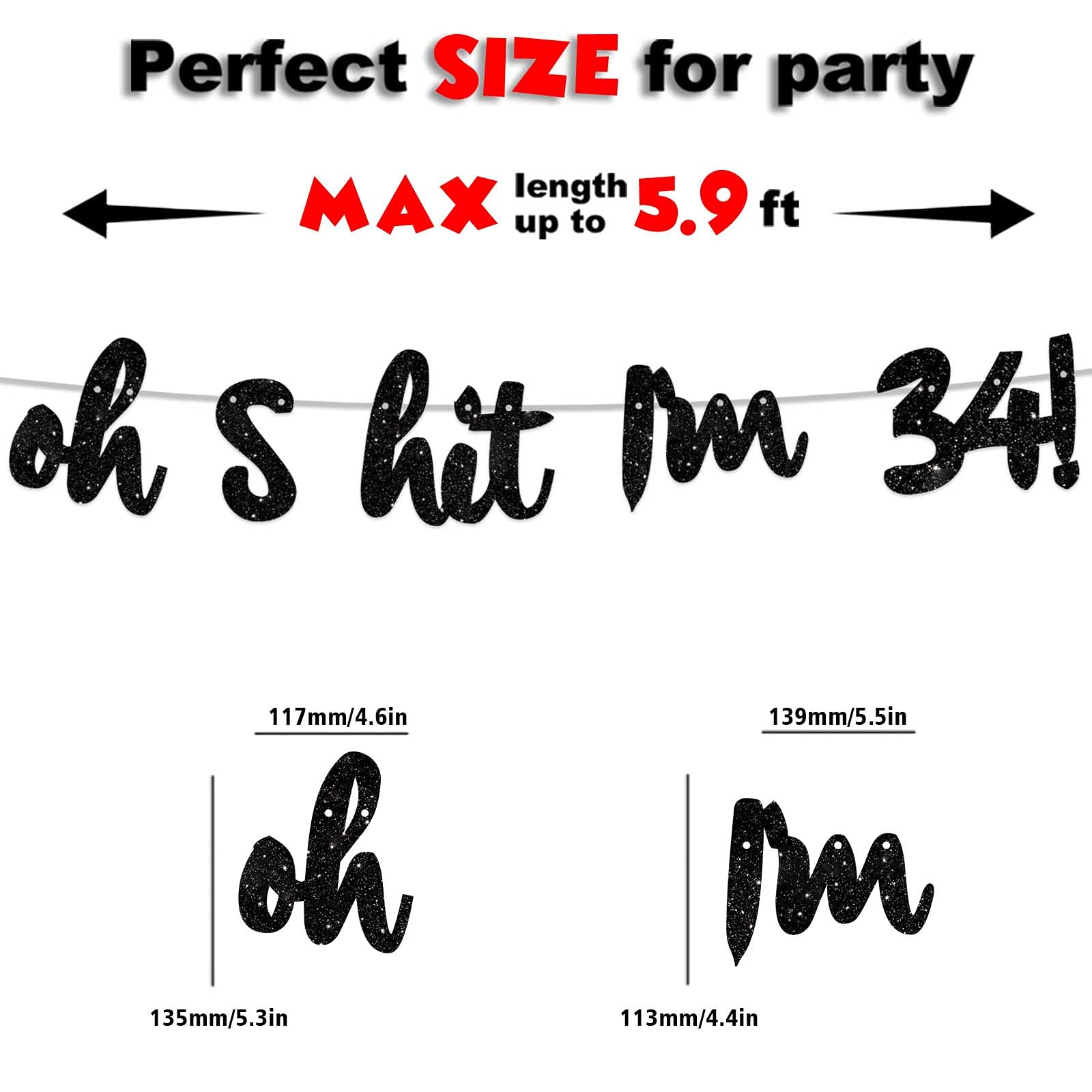 Black Glitter 'Oh I'm 34!' Birthday Banner Backdrop - Happy 34th Birthday Party Decor for Men & Women - Photo Studio Props, Flags & Party Supplies - Perfect for 34th Birthday Celebrations, Photo Booths & Milestone Decorations